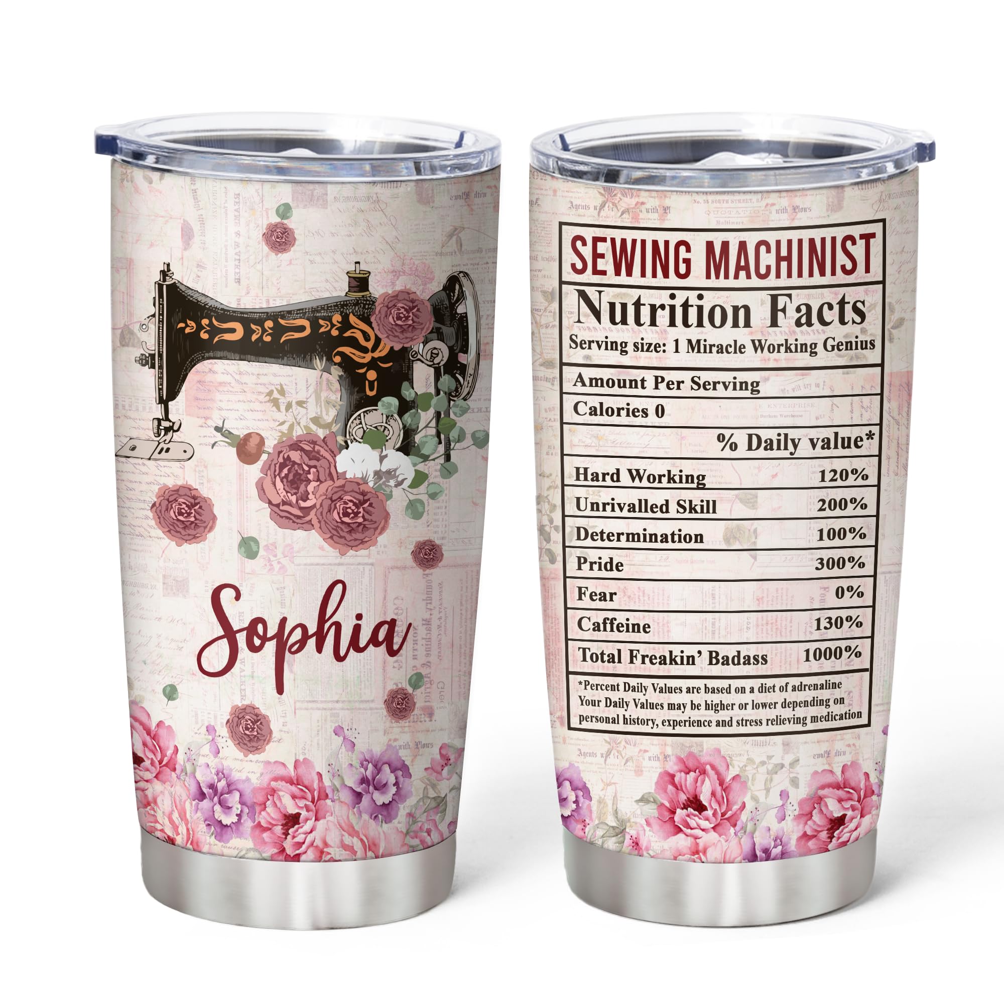Hyturtle Personalized Gifts For Sewing Lover - Sewing Mechanic Nutrition Facts Custom Stainless Steel Tumbler 20 oz With Lid - Idea Quilting Crochet