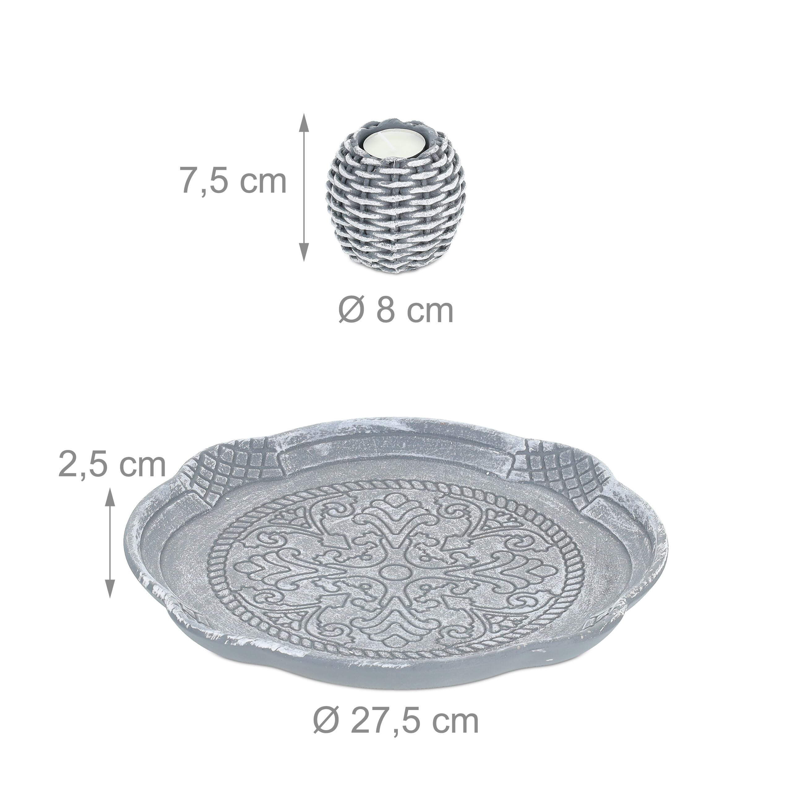 Relaxdays Portacandele Decorativo con Vassoio, 4 Porta-Tea Light e Sabbia, per Il Tavolino e Il Salotto, Grigio Bianco, Fibra di Legno, 8 x 27,5 cm
