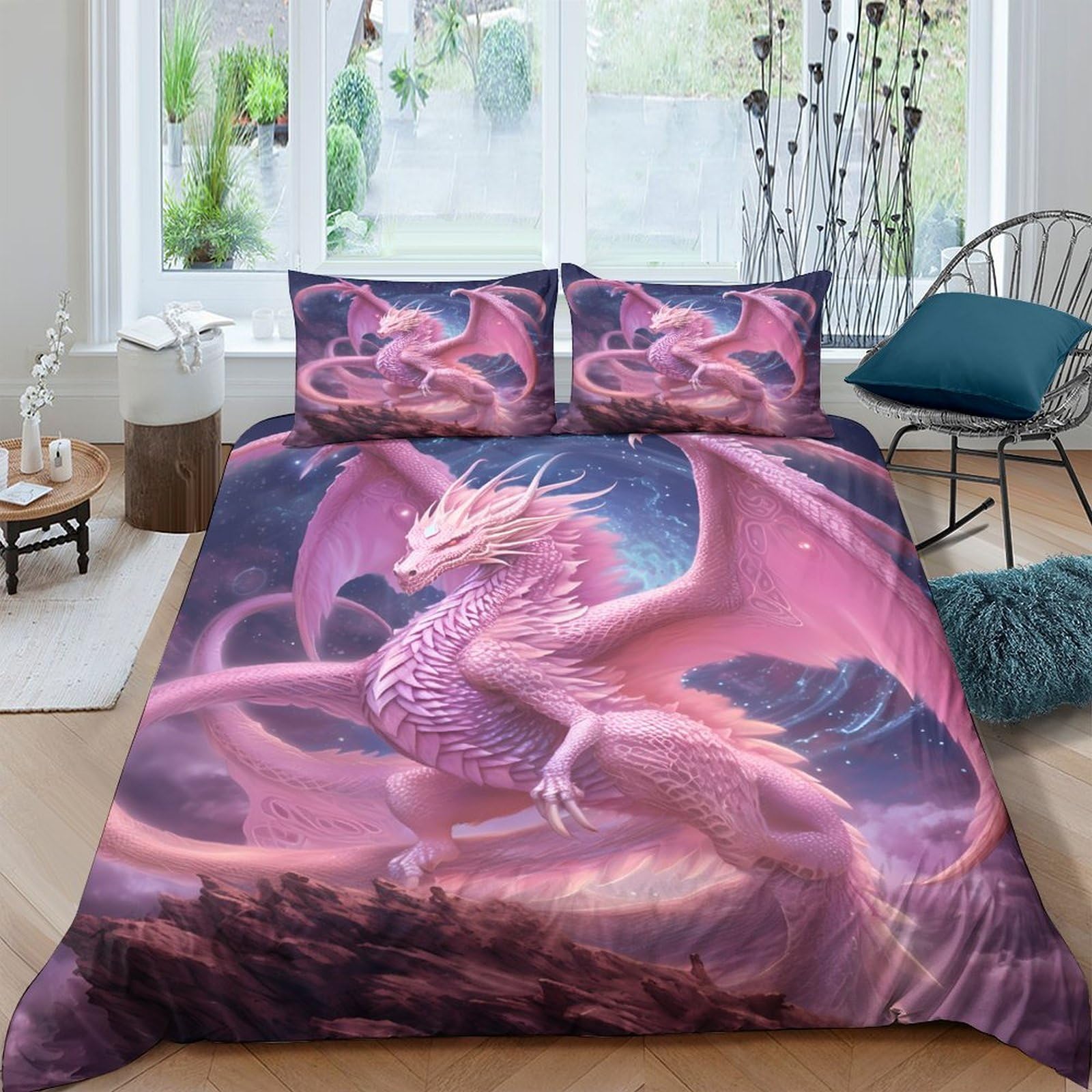 GPLZQXKJNH 3D Printed Pink Dragon Duvet Cover Microfiber Soft Breathable Fantasy Bedding Set with 2 Pillowcases for Bedroom Decor Single（135x200cm）