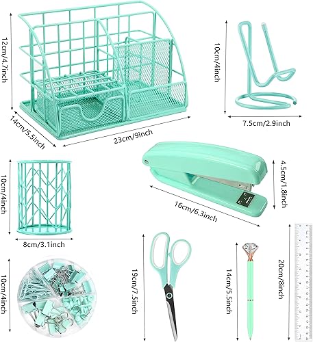 Miniatura 2 de KAAKOW Organizador de escritorio verde y accesorios de oficina, juego de grapadora, soporte para bolígrafo, soporte para teléfono, tijeras,
