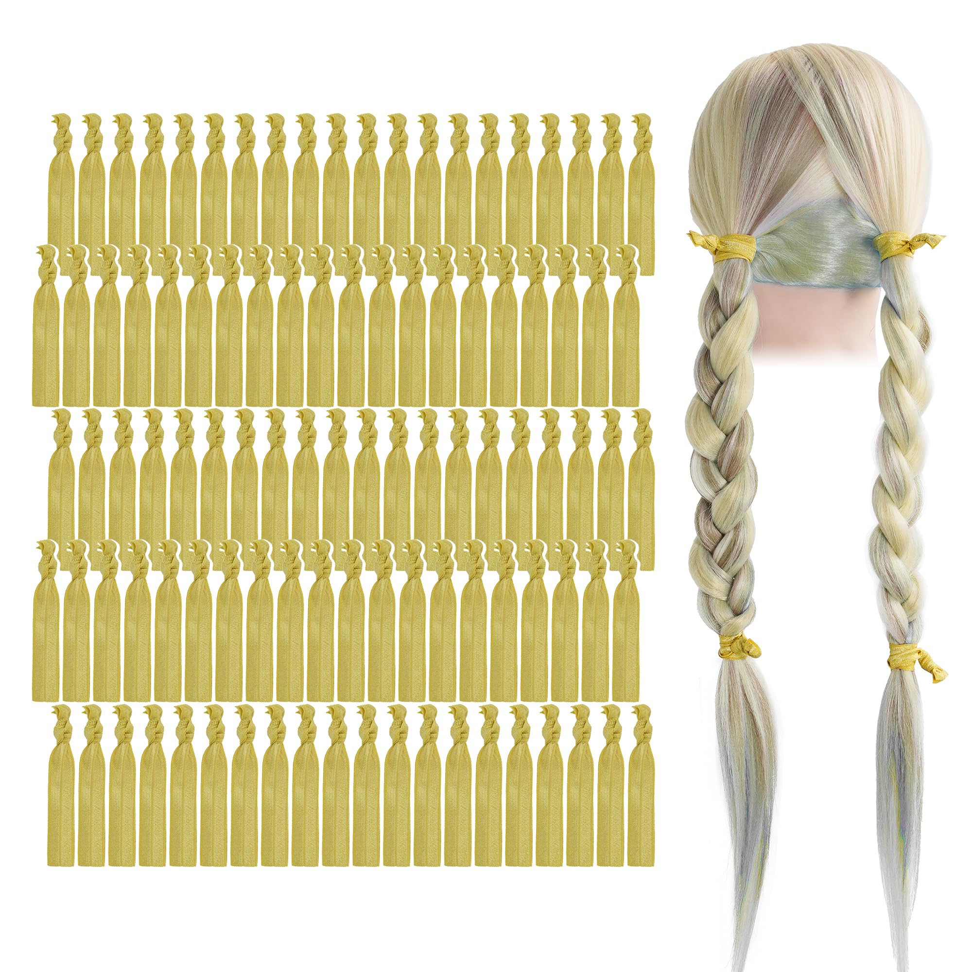 MEEDEE Gold Elastic Hair Ties Pack - 100 No Crease Soft Ribbon Knotted Pony Tails for Women, No Damage, Ouchless for Yoga and Bracelets