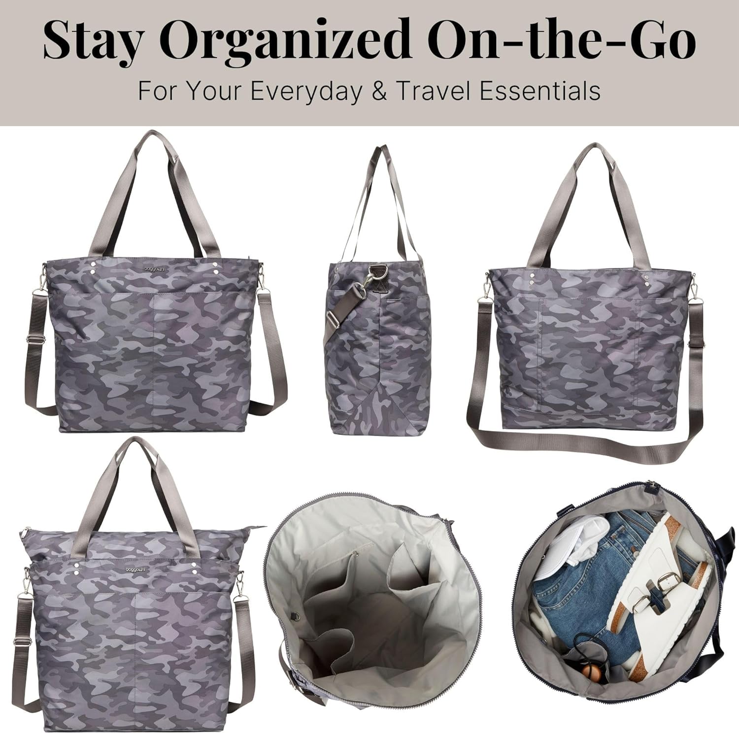 Baggallini Large Carryall Tote - Lightweight Nylon Zipper Top Weekender Travel Beach Bag w/Luggage Sleeve - Image 6