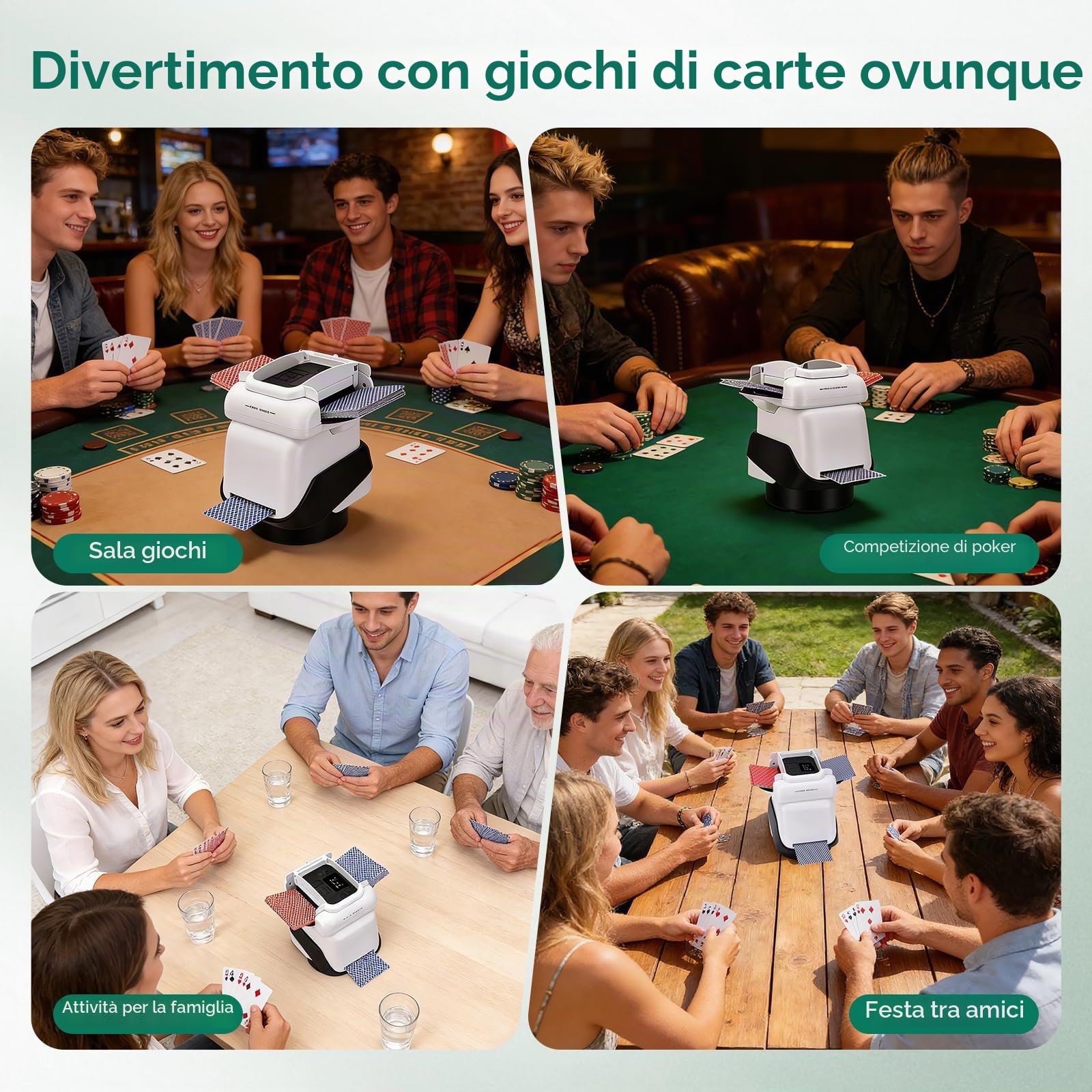 Mescolatore di Carte con distributore, Rotazione a 360° per 1–4 mazzi, mescolatore e distributore Automatico di Carte per 2–8 Giocatori, con 4 telecomandi, Ricaricabile, Silenzioso per Poker, Uno