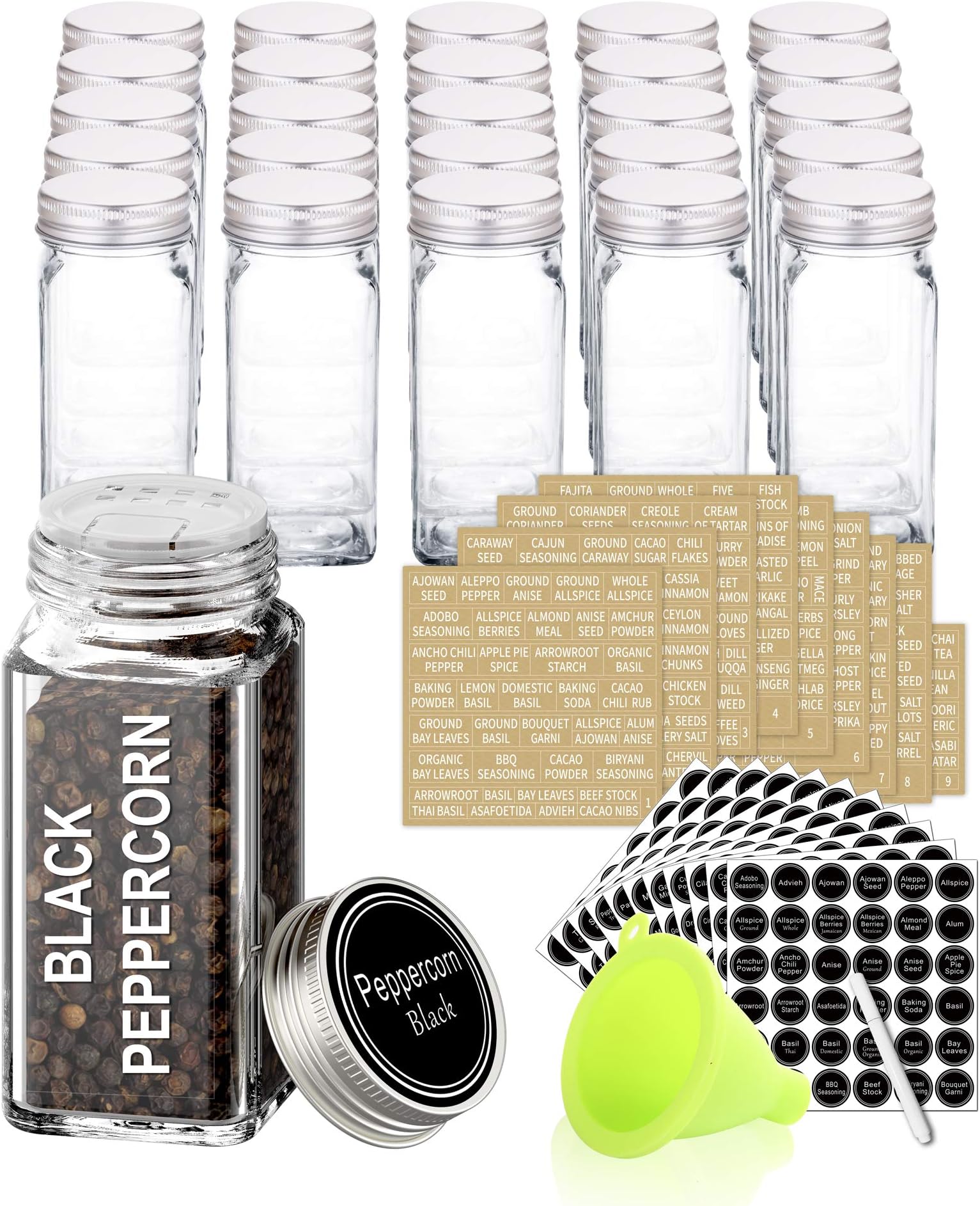 SWOMMOLY 25 Glass Spice Jars with 713 Spice Labels, Chalk Marker and Funnel Complete Set. 25 Square Glass Jars 4OZ, Airtight Cap, Pour/sift Shaker Lid