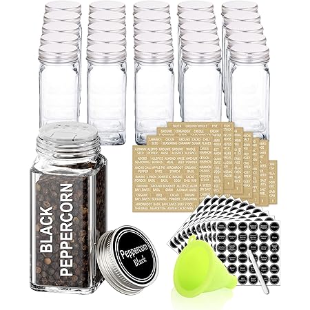 SWOMMOLY 25 Glass Spice Jars with 703 Spice Labels, Chalk Marker and Funnel Complete Set. 25 Square Glass Jars 4OZ, Airtight Cap, Pour/sift Shaker Lid