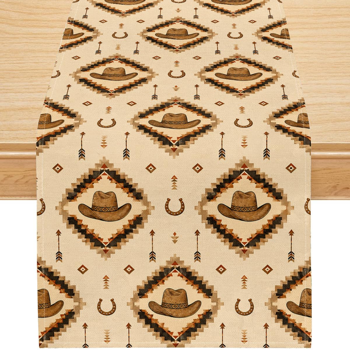 Western Cowboy Table Runner, Aztec Geometric Horseshoe Hat Pattern Linen, Rustic Beige Dining Decor for Farmhouse Kitchen 13x108 Inch