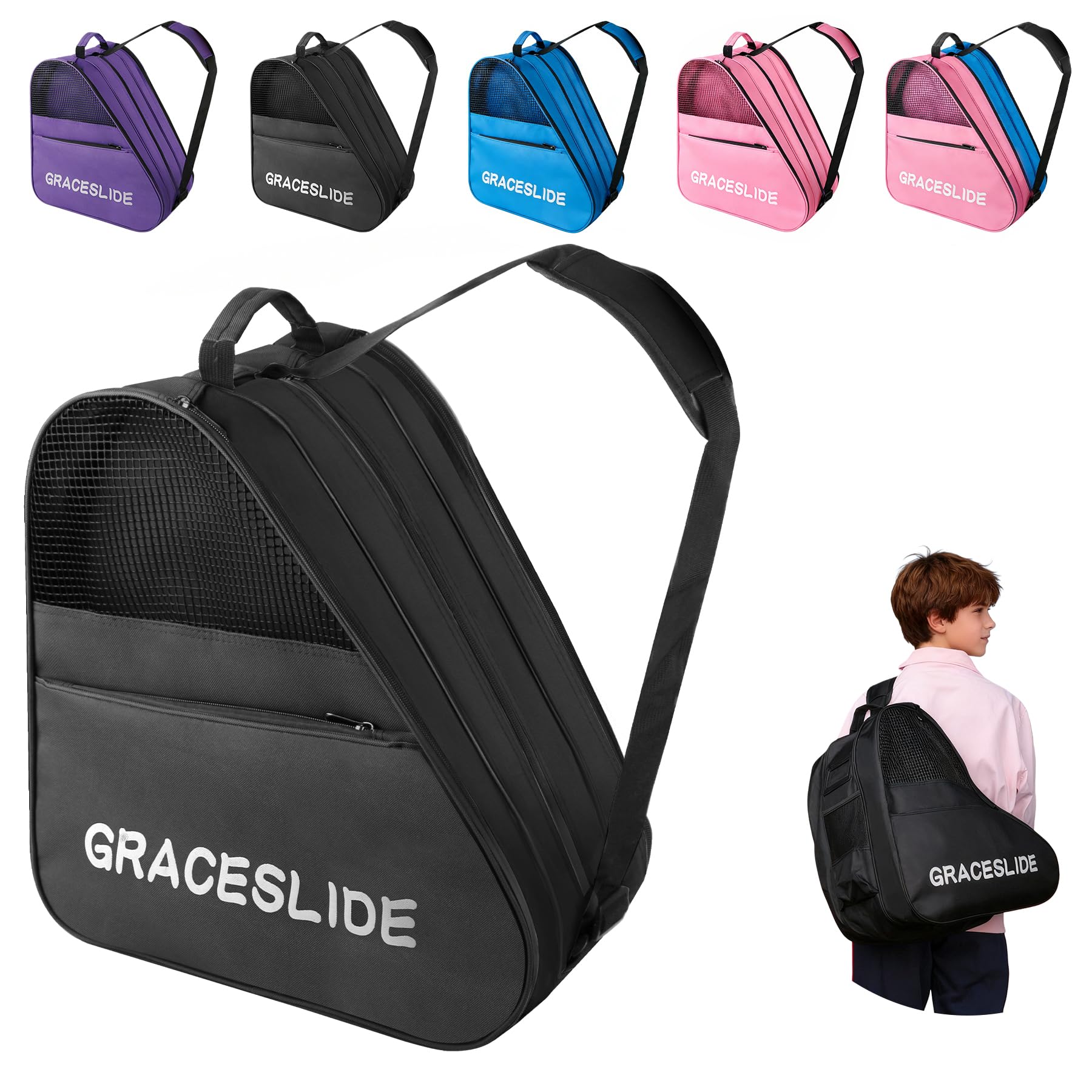 Inliner Tasche, Skatertasche, Skischuhtasche mit Verstellbare Riemen, Ice Skate Bag, Rollschuhtasche, Eishockey-Bag, Geeignet für Schlittschuh- und Hockeyzubehör (Schwarz)