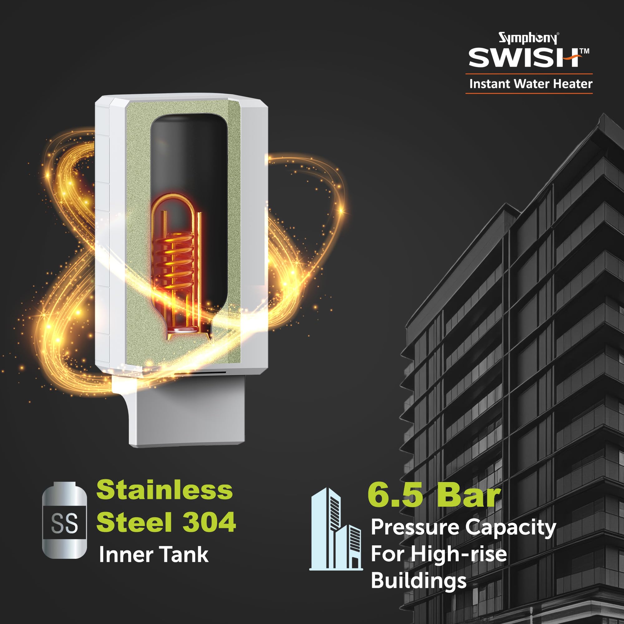 Symphony Swish 3L Instant Water Heater | 3KW Heating | Fast Heating for Kitchen & Bathroom Application | High Rise Compatible| Copper Heating Element| Color Changing LED Color | Free Installation 2