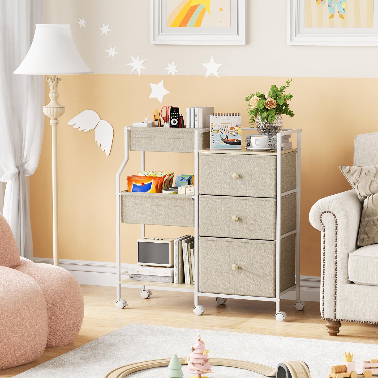 Organizador y almacenamiento para bebés, carrito rodante de 3 niveles con separadores y cajones, fácil de montar, carrito móvil con ruedas para guardería, dormitorio, cambiador y cuna, blanco 6