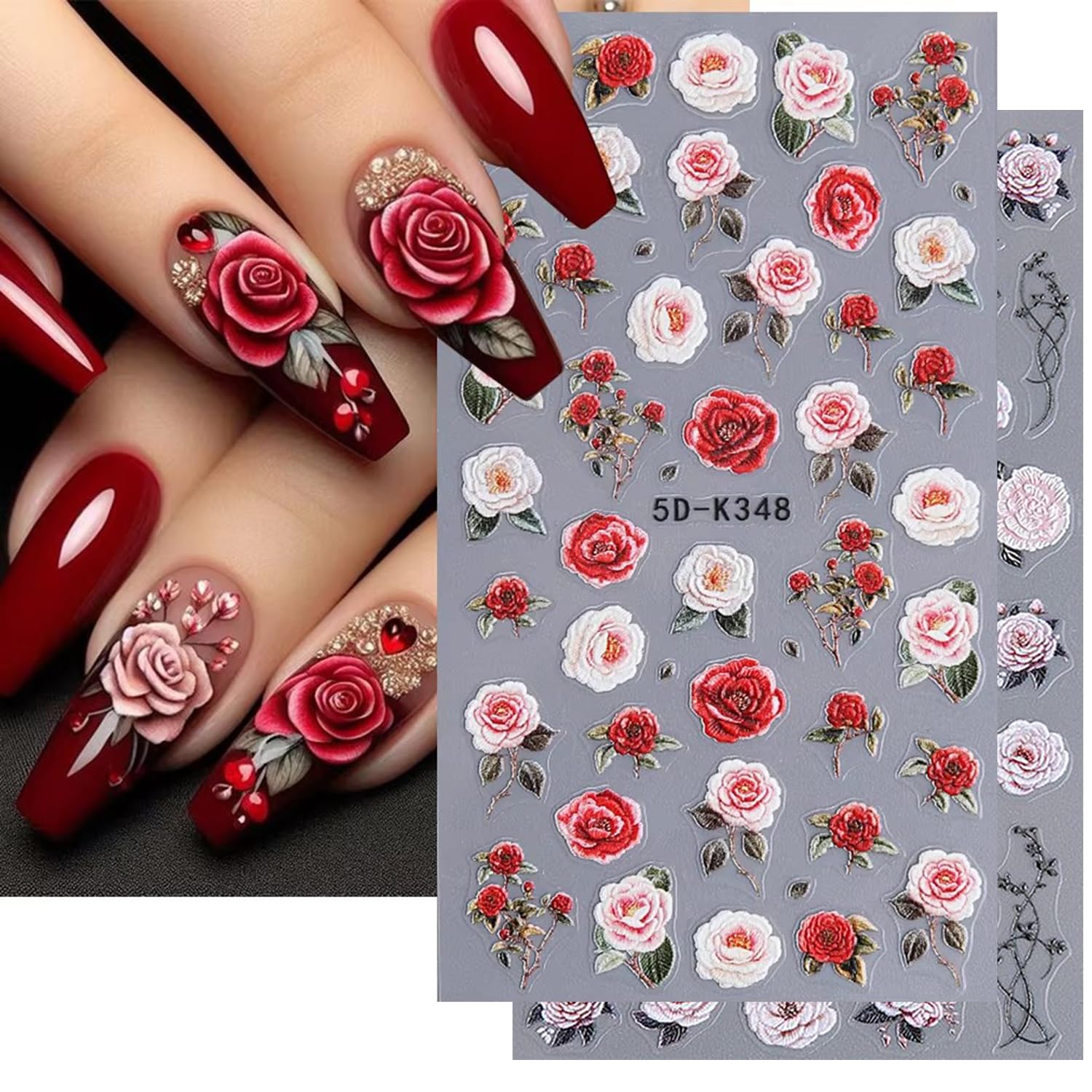 Rose Nail Stickers - Embossed Flower Nail Art for Valentine's Day - Retro Design 5D Adhesive Stickers - Floral for Women's Manicure Decoration - 2Pcs