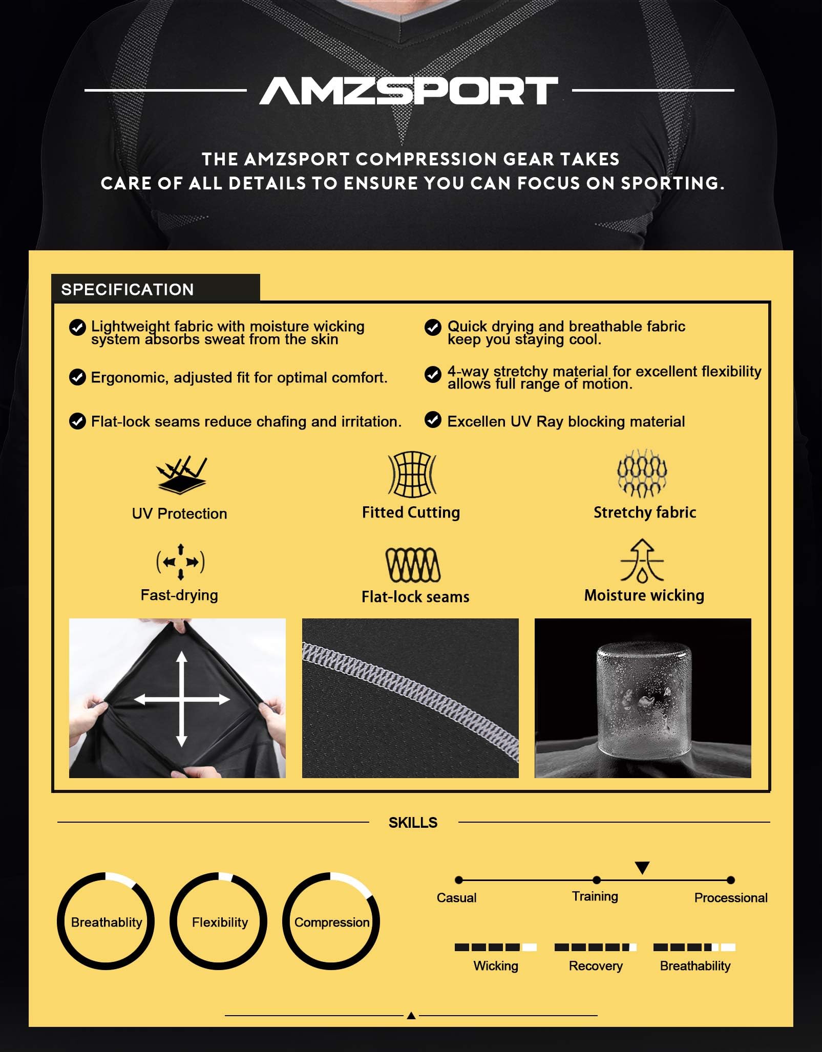 AMZSPORT Maglia Compressione Uomo Confezione da 3 Maglia Termica Manica Lunga Maglietta Palestra Compression Shirt Ciclismo Running Sportiva