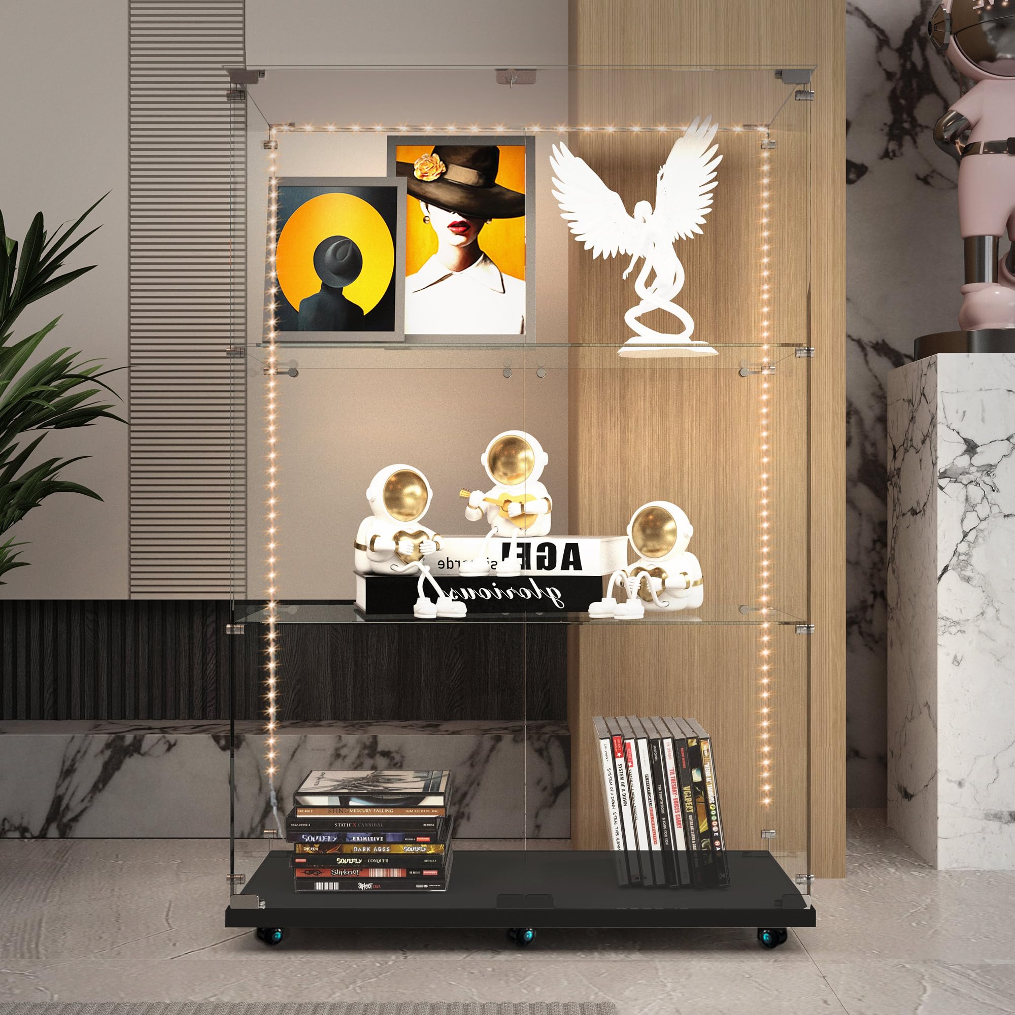 3-Shelf Glass Display Cabinet with Lights Strip & 2 Doors, Curio Cabinets Collectibles Display Case on Wheel, Tempered Glass Floor Standing Bookshelf