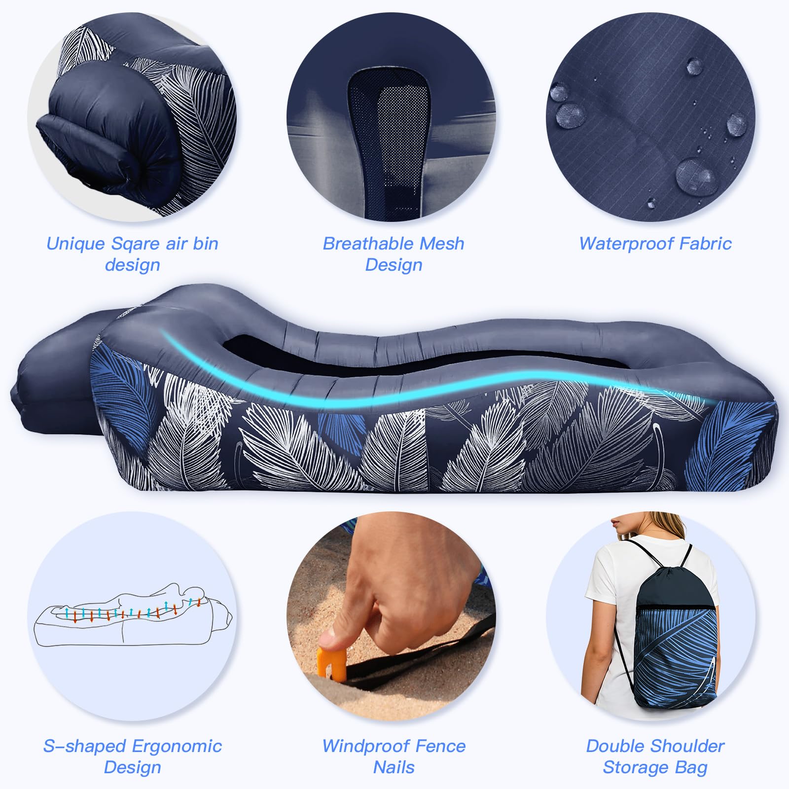 Aufblasbares Sofa - 195 x 70 cm Aufblasbare Couch Camping Sofa mit Mesh &Tragetasche Wasserdichte Handyhülle, Aufblasbares Luftsofa Air Lounger Tragbar Aufblasbar für Outdoor Strand (Marineblau)