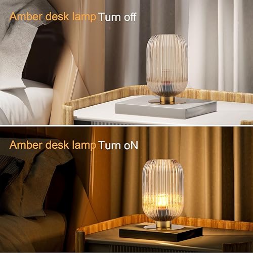 Miniatura 4 de Lámpara de mesa pequeña, lámpara de mesa moderna de mediados de siglo, lámpara de mesa de globo de vidrio acanalado ámbar, lámpara de mesita de