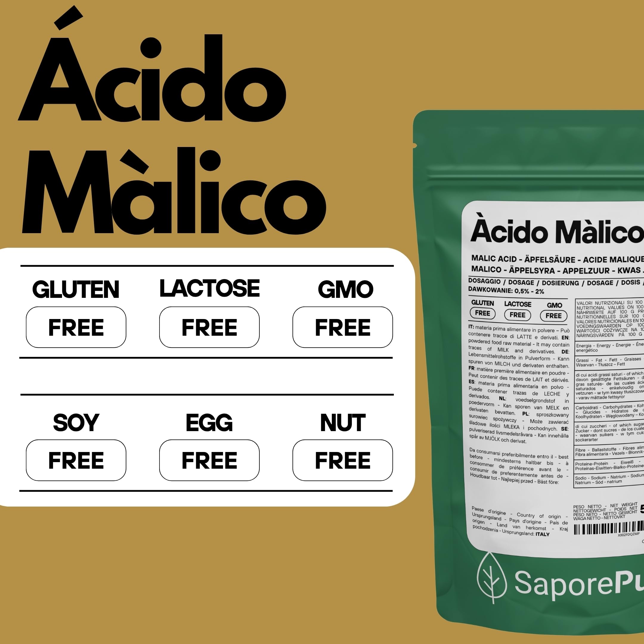 SaporePuro Ácido Málico en Polvo 500 g | Alta Solubilidad y Sabor Ácido | Ideal para Bebidas, Postres y Suplementos | Calidad Alimentaria | Sin Gluten