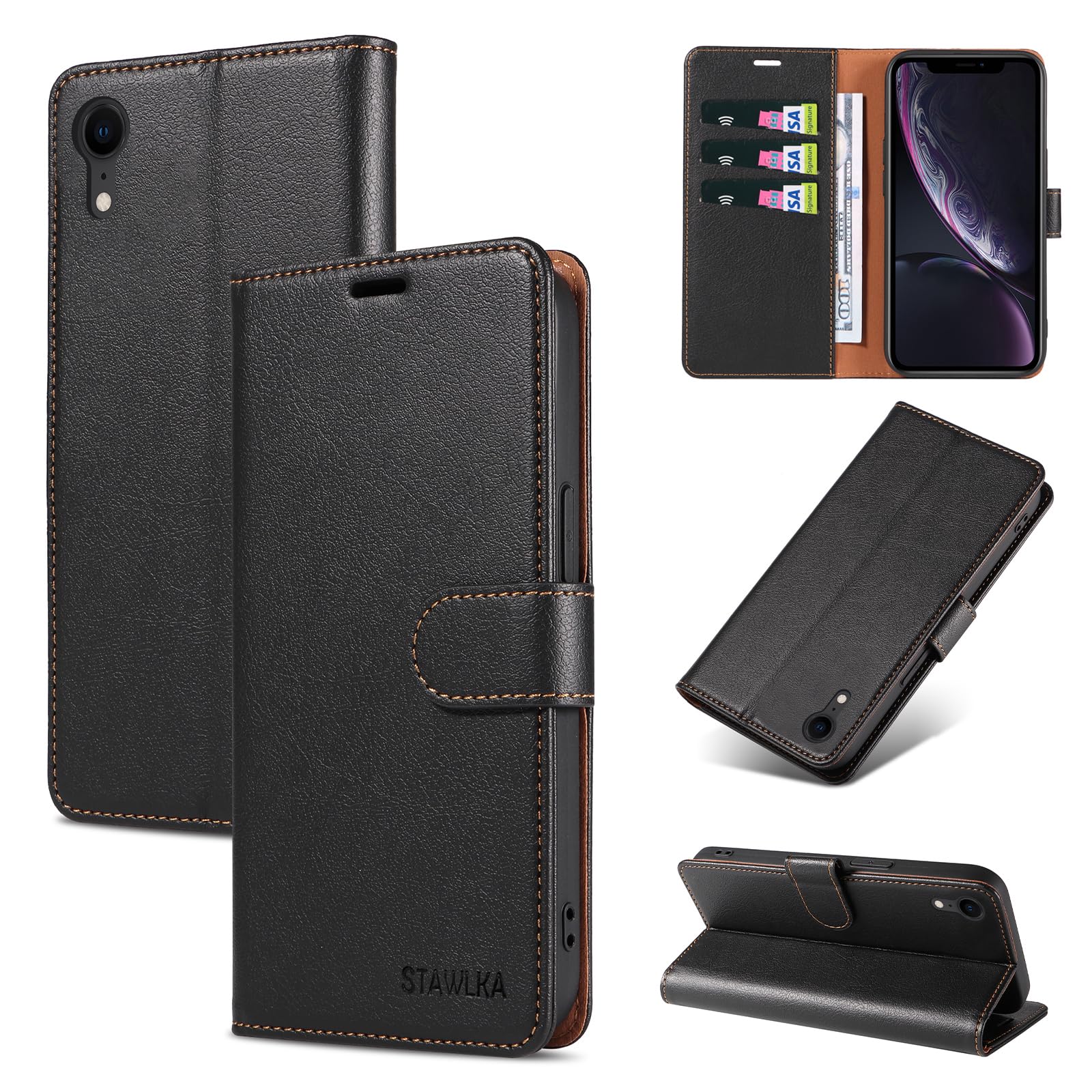 STAWLKA Case for iPhone XR Premium PU Leather Flip Magnetic Buckle Wallet Case Kickstand Blocking RFID Shockproof Protective Phone Cover for iPhone XR