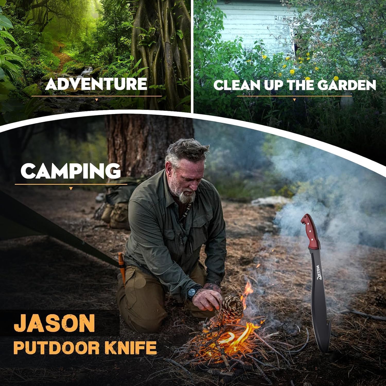 JASON Machete Survival Großes Outdoor Messer Feststehend mit Holzgriff Bushmesser Jagdmesser mit PU Scheide Großes Bushcraft Messer für Outdoor Aktivitäten
