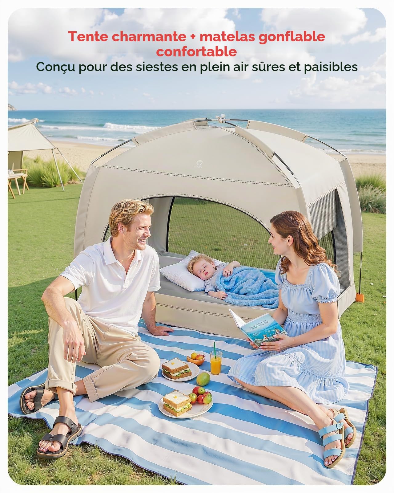 QPAU Lit de voyage gonflable pour tout-petits avec tente – Matelas gonflable léger avec pompe à main – Solution de couchage portable pour intérieur et extérieur pour camping, voyage, maison