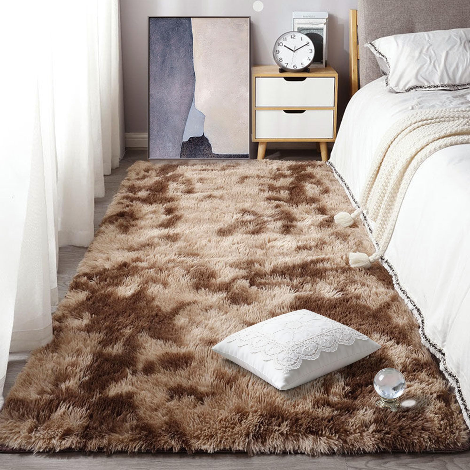 Tapis moelleux chambre 80 x 120 cm moderne salon poil long marron