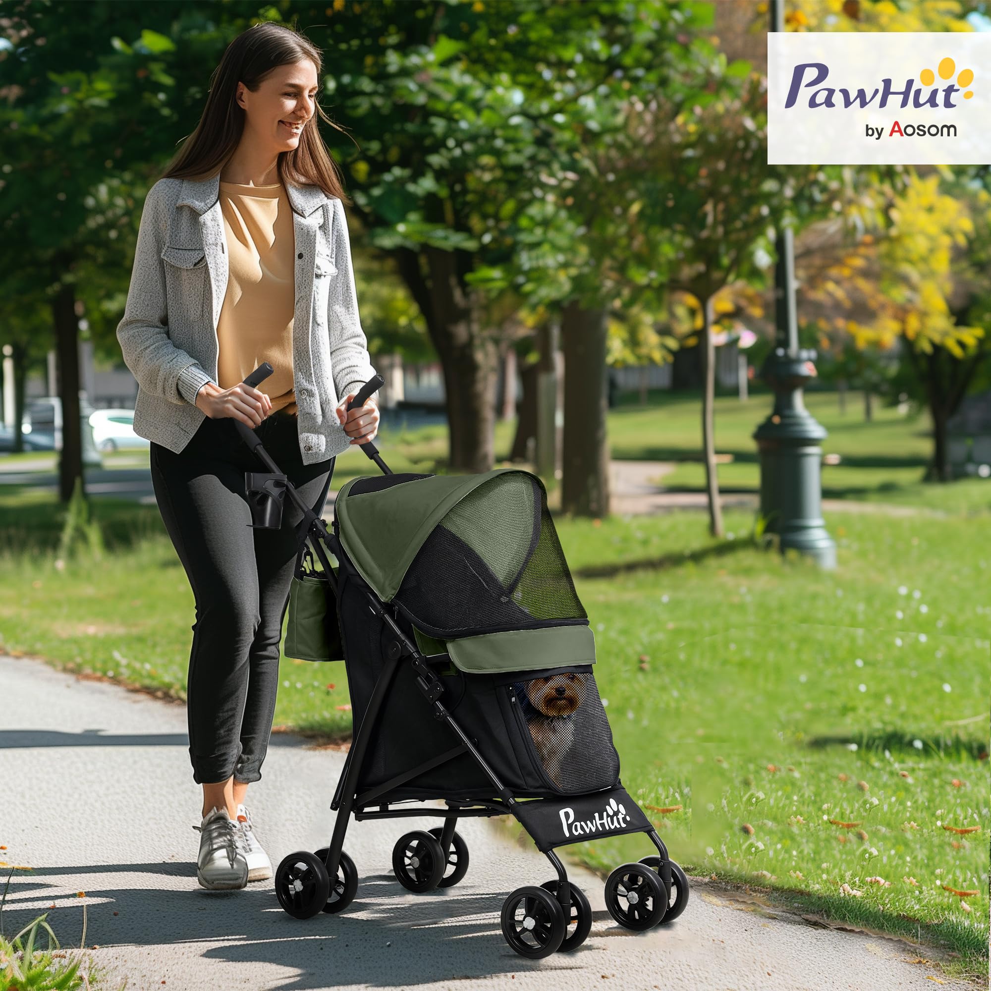 PawHut silla plegable para perros y gatos de hasta 4 kg con ventanas de malla, correa para el hombro, bolsa de almacenamiento y portavasos