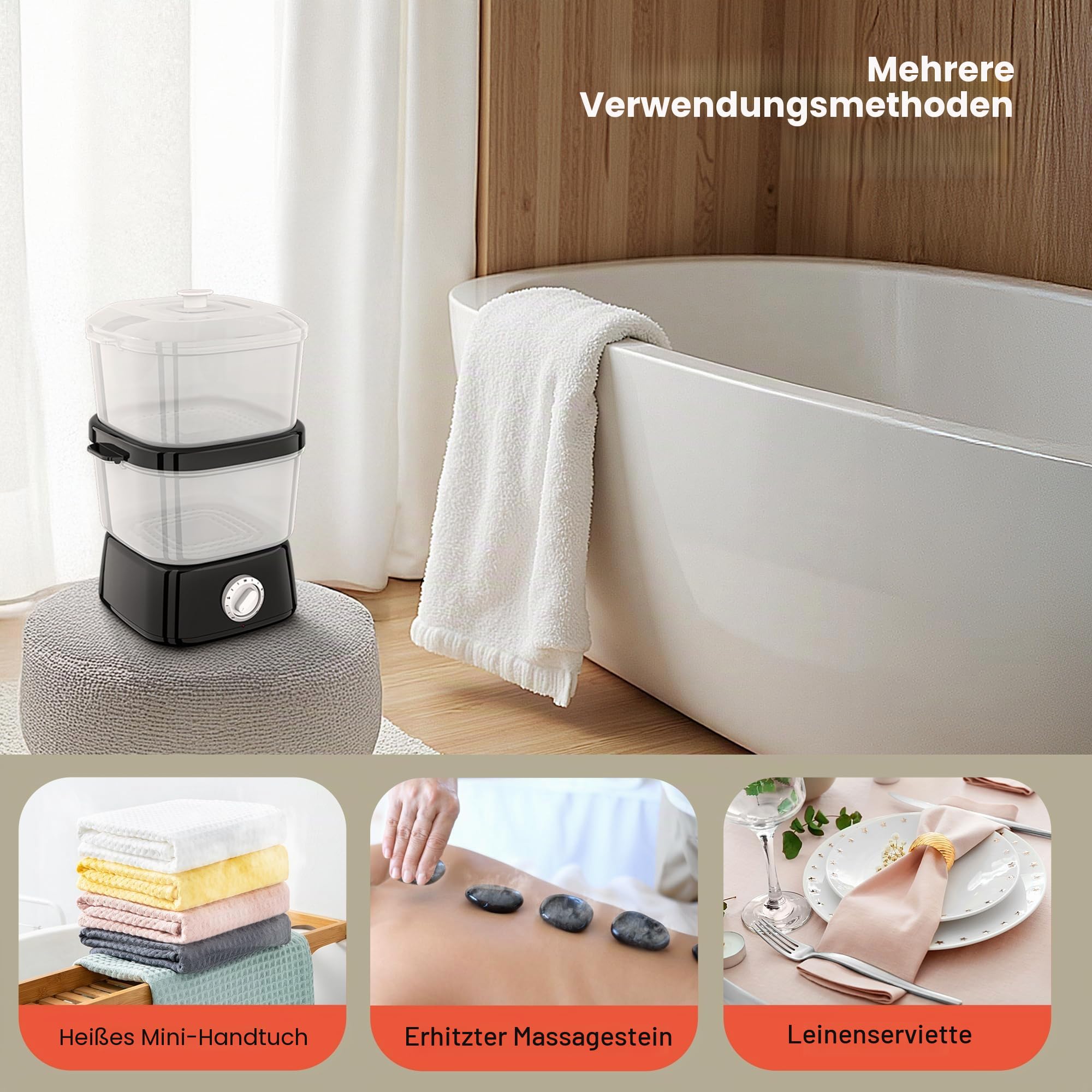 2-in-1-Handtuchwärmer 6L, großes Fassungsvermögen, Dampfgarer für heiße Handtücher, einfache und vielseitige Verwendung für Friseursalon/Schönheitssalon/Spa/Maniküre/Hotel/Zuhause (Schwarz)