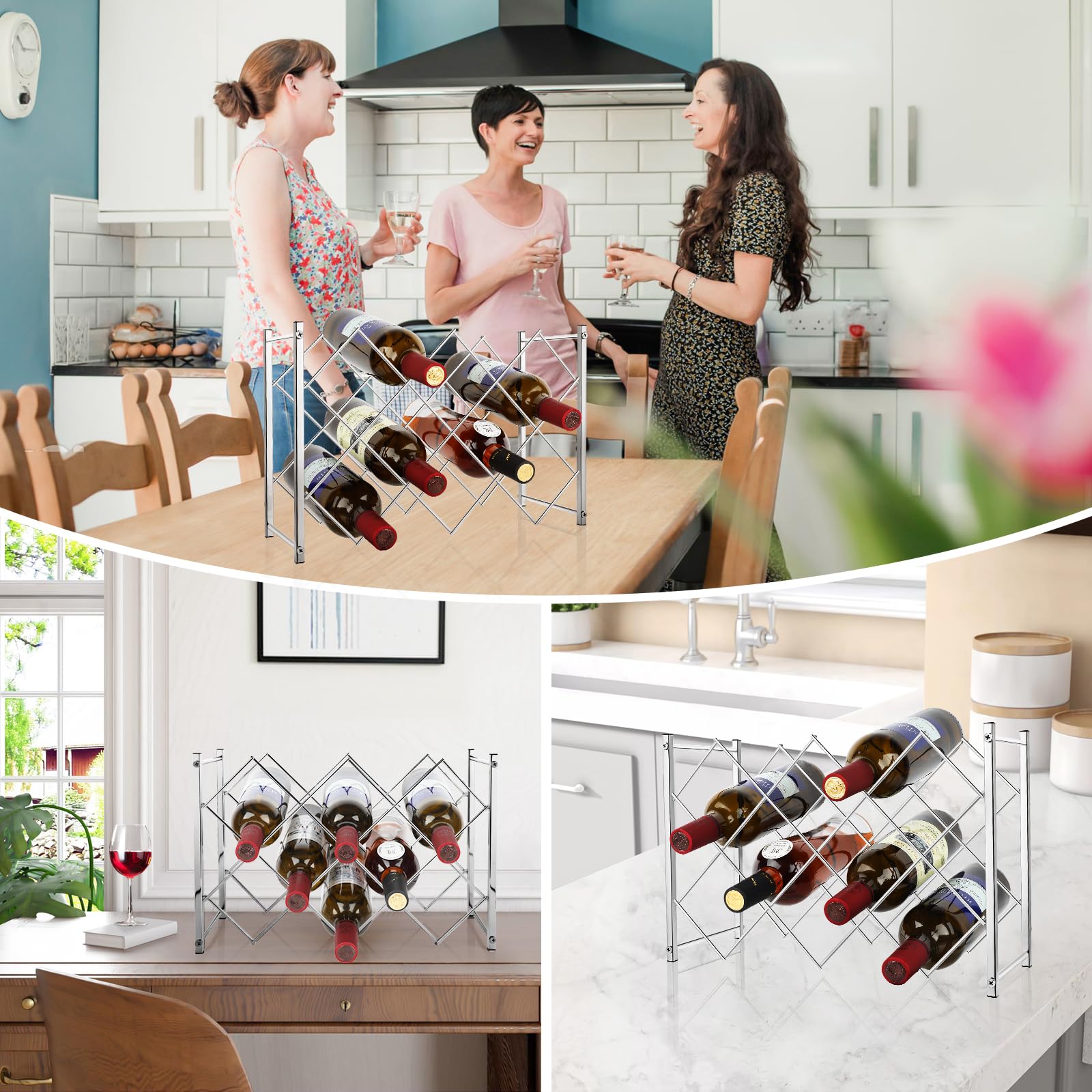 TOBUSA Modern Silver Wine Rack Countertop, Small Wine Bottle Holder Stand, 10 Bottle Metal Freestanding Wine Rack Floor, Simple Wine Bottles Organizer for Tabletop, Bar, Kitchen, Cabinet(4-Tier)