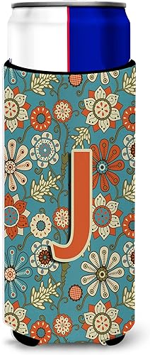 Caroline's Treasures CJ2012-JMUK Letra J Flores Retro Azul Ultra Hugger para latas delgadas Puede Enfriar Manga Abrazador Lavable a Máquina Manga de