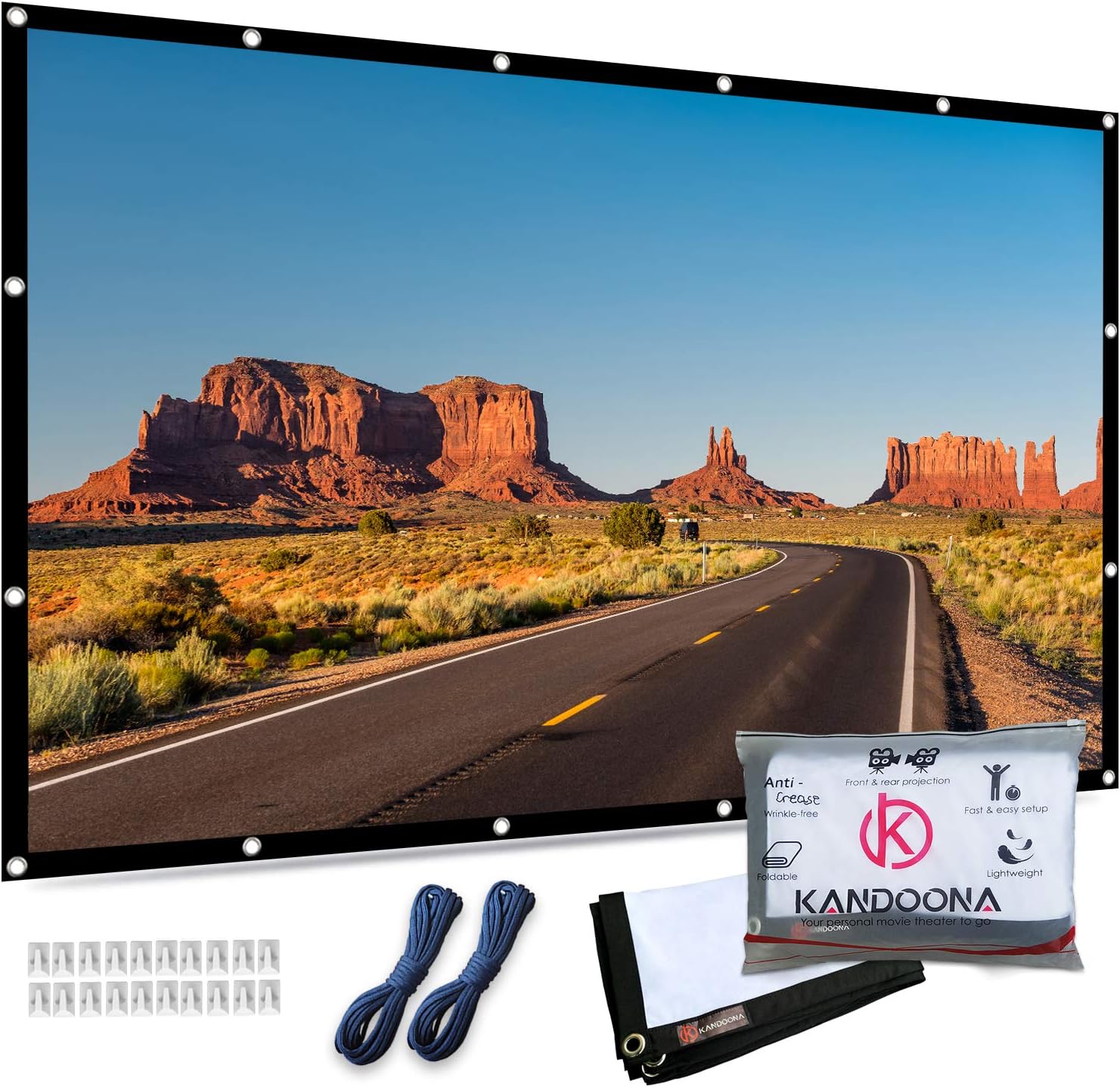 Portable Outdoor Projector Screen 120 Inch Wrinkle Free 16:9 Movie Screen with Hanging Holes Double Sided Projection Screen for Home Theater with 160ยฐ Viewing Angle