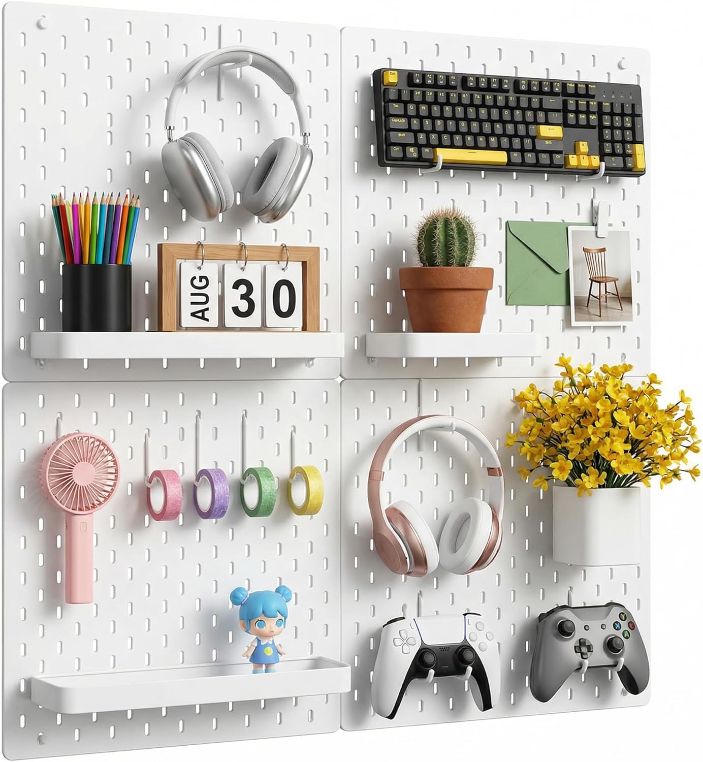 Colville Pegboard Wall Organizer Kit - Heavy Duty 20lbs Load Bearing 4 PCS 12 in X 12 in Peg Board Panels 14 Accessories - Multi-Surface Use for Garage, Office, Kitchen White - 2