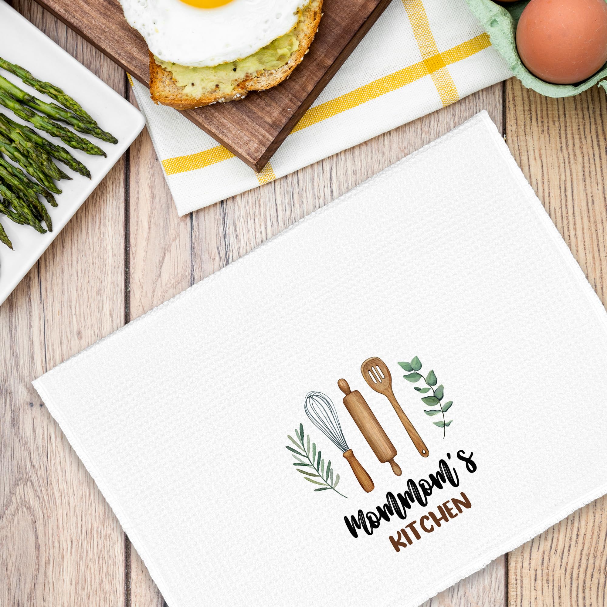 Mommom's Kitchen Towels Gifts, Grandma Mom Christmas Bathroom Hand Towels Gifts for Mommom Birthday Mother's Day, Rustic Eucalyptus Leaf Tea Dish Towel Decor 16x24in