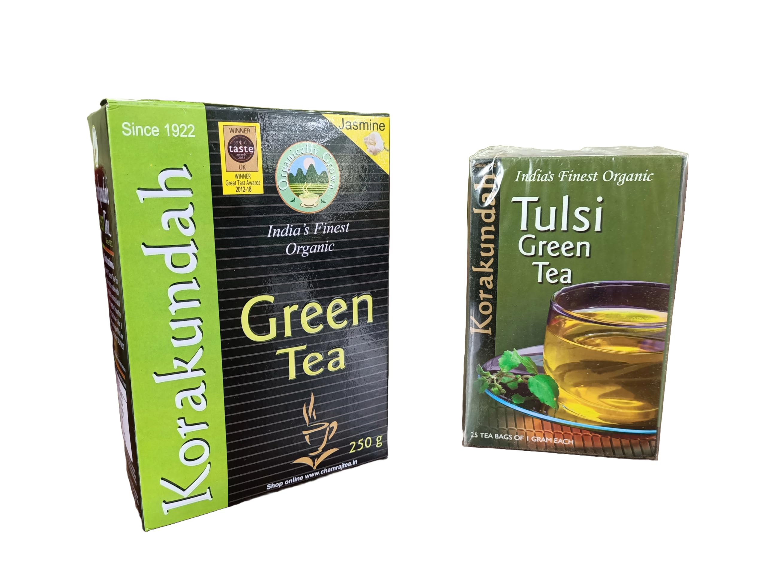 KORAKUNDAH Organic Green Tea (Jasmine) 250 g | KORAKUNDAH Tulsi Green Tea 25 Dip Bags | Pack of 2 | Total 300g | India's Finest Chamraj Nilgiri Tea