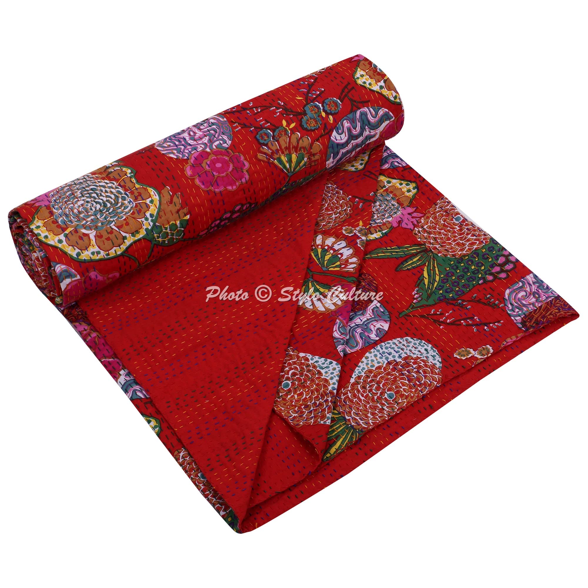 Copriletto In Cotone Indiano Tropicana - Queen Size, Grigio Scuro, Ricamo Kantha A Mano - 4