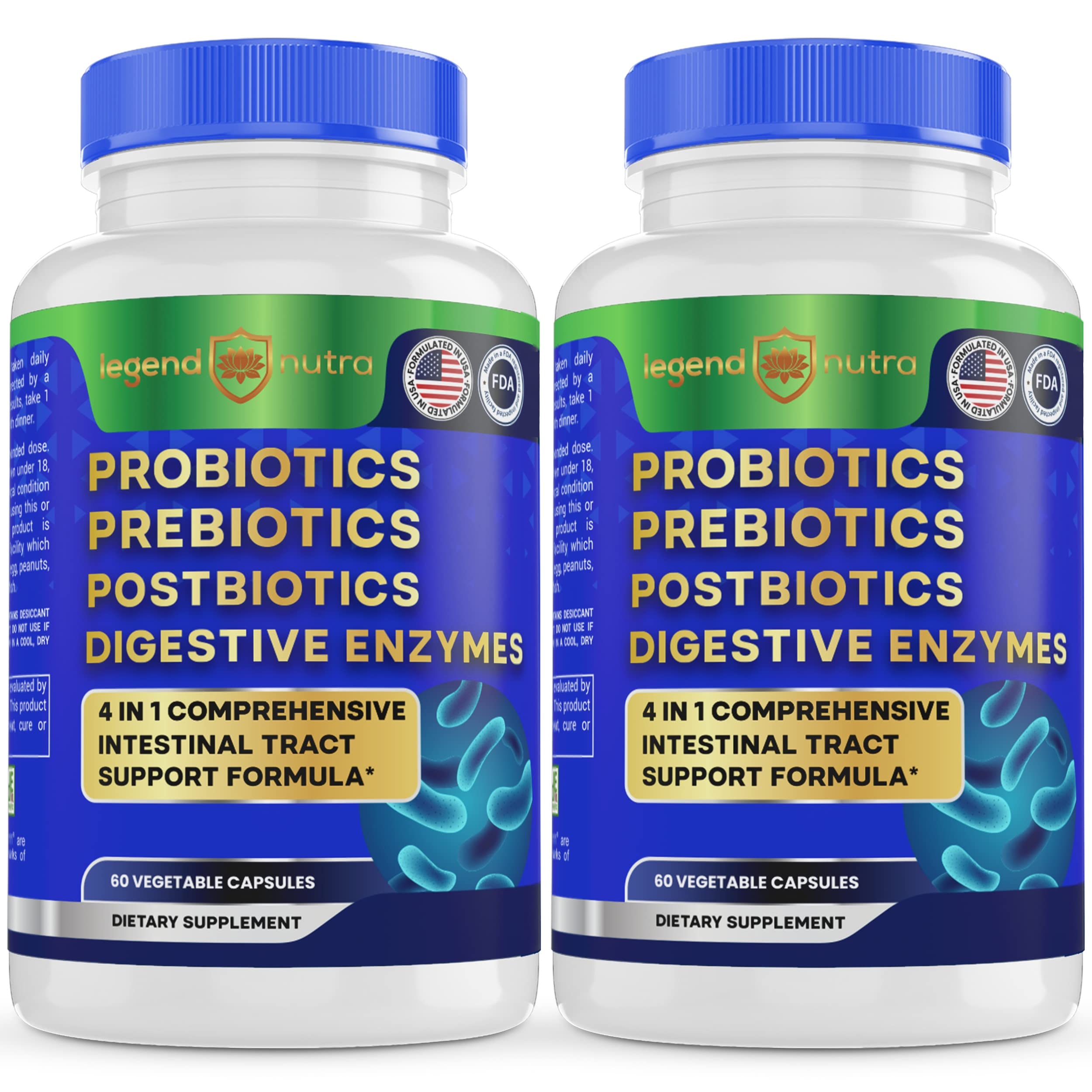 Probiotics + Prebiotics Postbiotics Digestive Enzymes = 4 in 1 Formula Supplement for Better Digestion Health Women, Men and Gut, 2-Pack, 120 Count