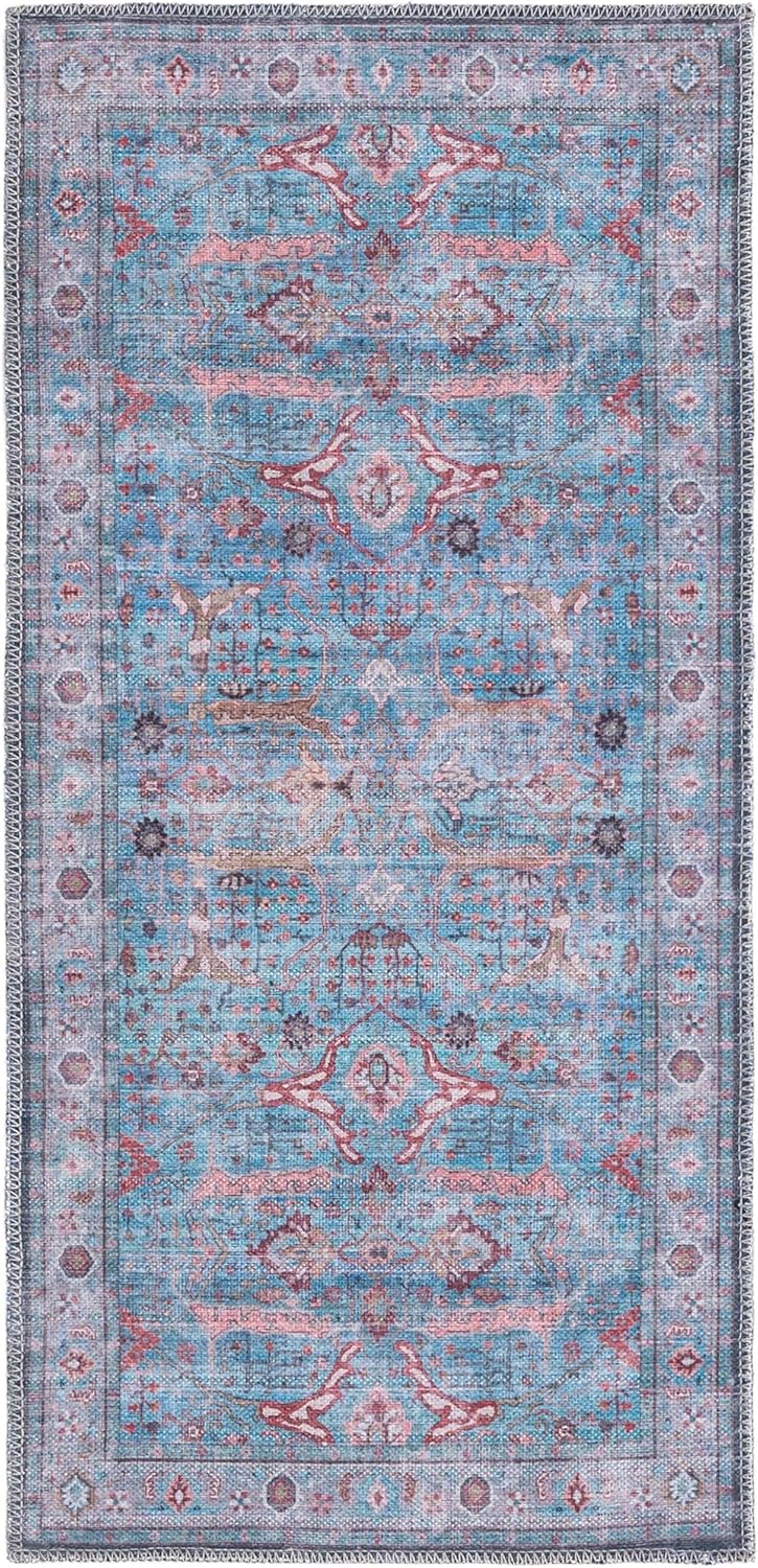 Rugs.com Maahru Collection Washable Rug – 6 Ft Runner Blue Low-Pile Rug Perfect for Hallways, Entryways