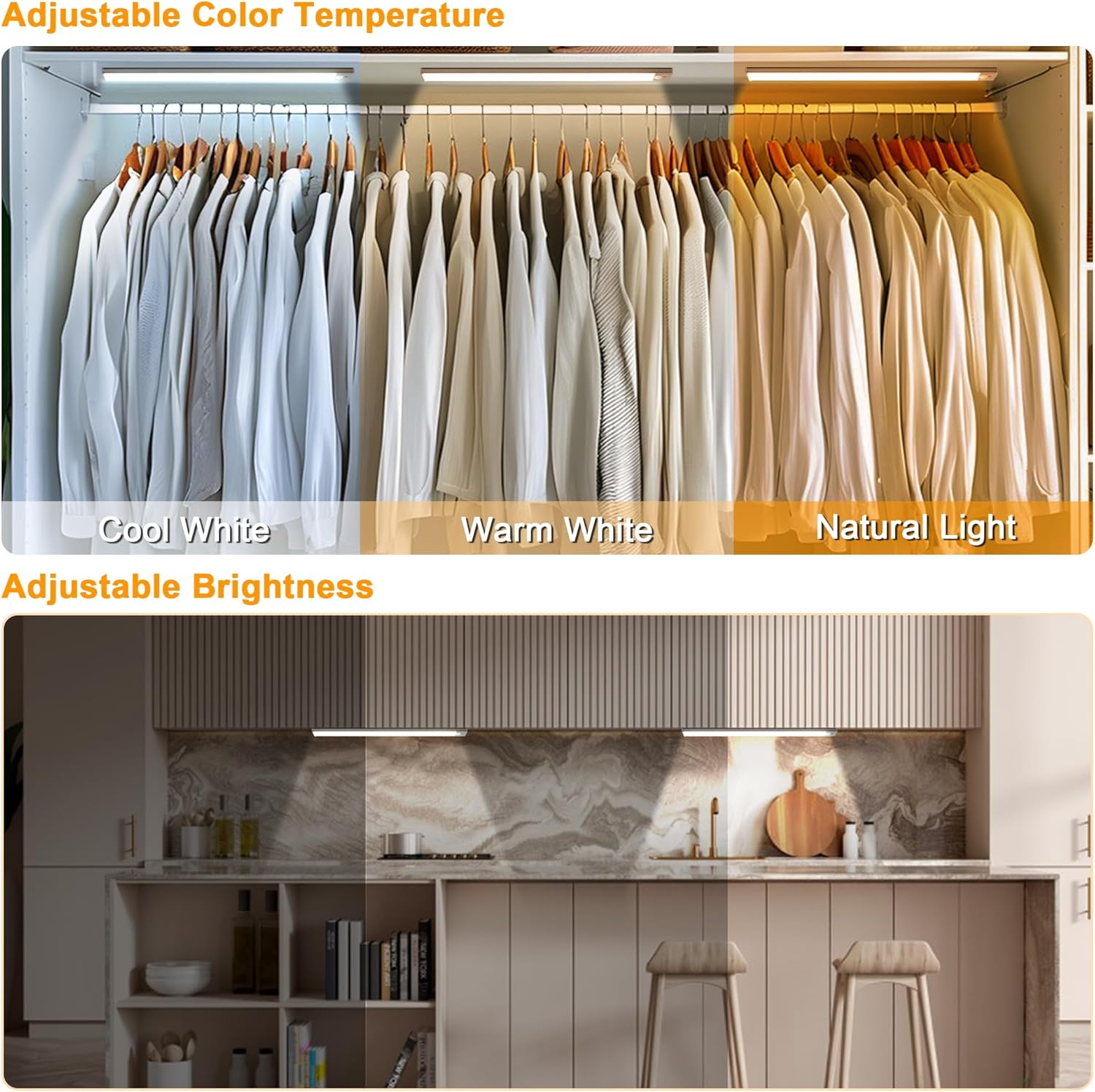 8 Inch Under Cabinet Lighting, 2 Pack Rechargeable Motion Sensor LED Closet Lights Indoor, Magnetic Dimmable Counter Light with 3 Colors for Kitchen, Stairs