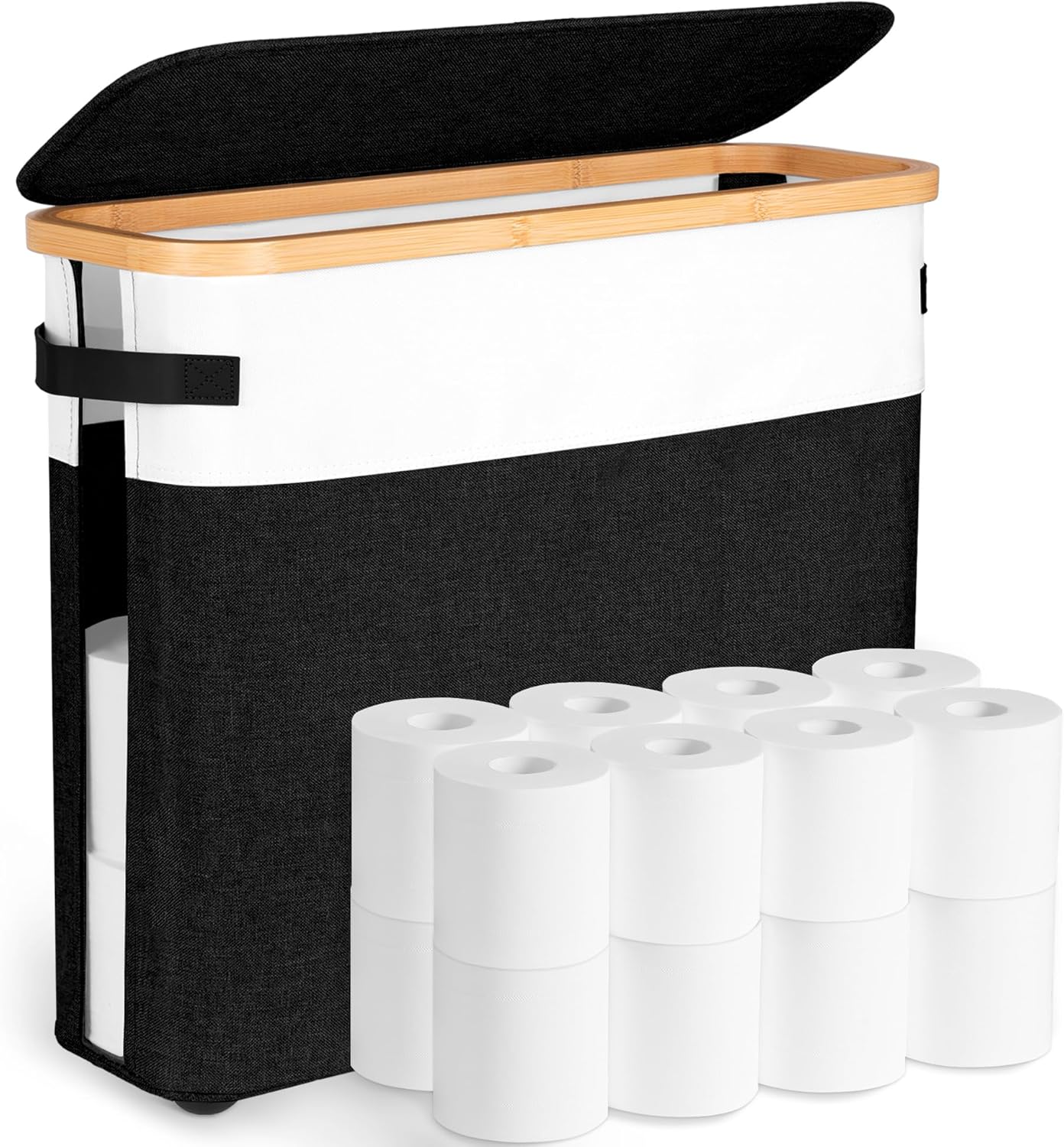 Extra Large Toilet Paper Storage Basket with Lid, 32.4L Toilet Paper Holder for Bathroom, Modern Neutral Style Holds 12–16 Rolls Waterproof & Sturdy with Leather Handles, Black