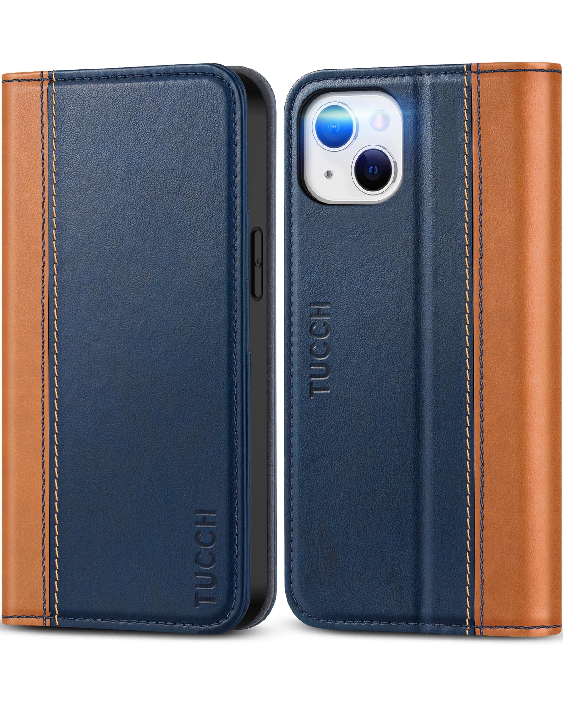 TUCCH Case for iPhone 13 Wallet Case 5G, [Card Holder] Slots Folio PU Leather Cover, Kickstand Flip Case with [TPU Shockproof Interior Case] Compatible with iPhone 13 6.1-inch 2021, Brown & Dark Blue