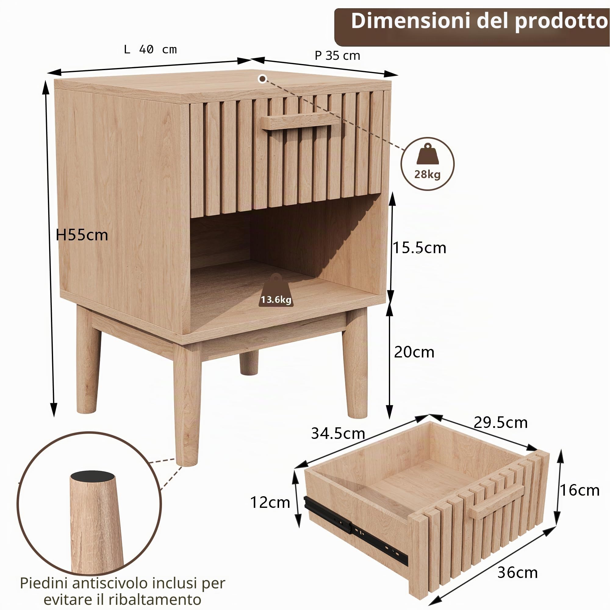Set di 2 comodini da notte con cassetti e ripiano aperto, tavolino in legno con spazio di archiviazione, comodini moderni in stile boho per camera da letto, soggiorno, 40x35x55cm, colore