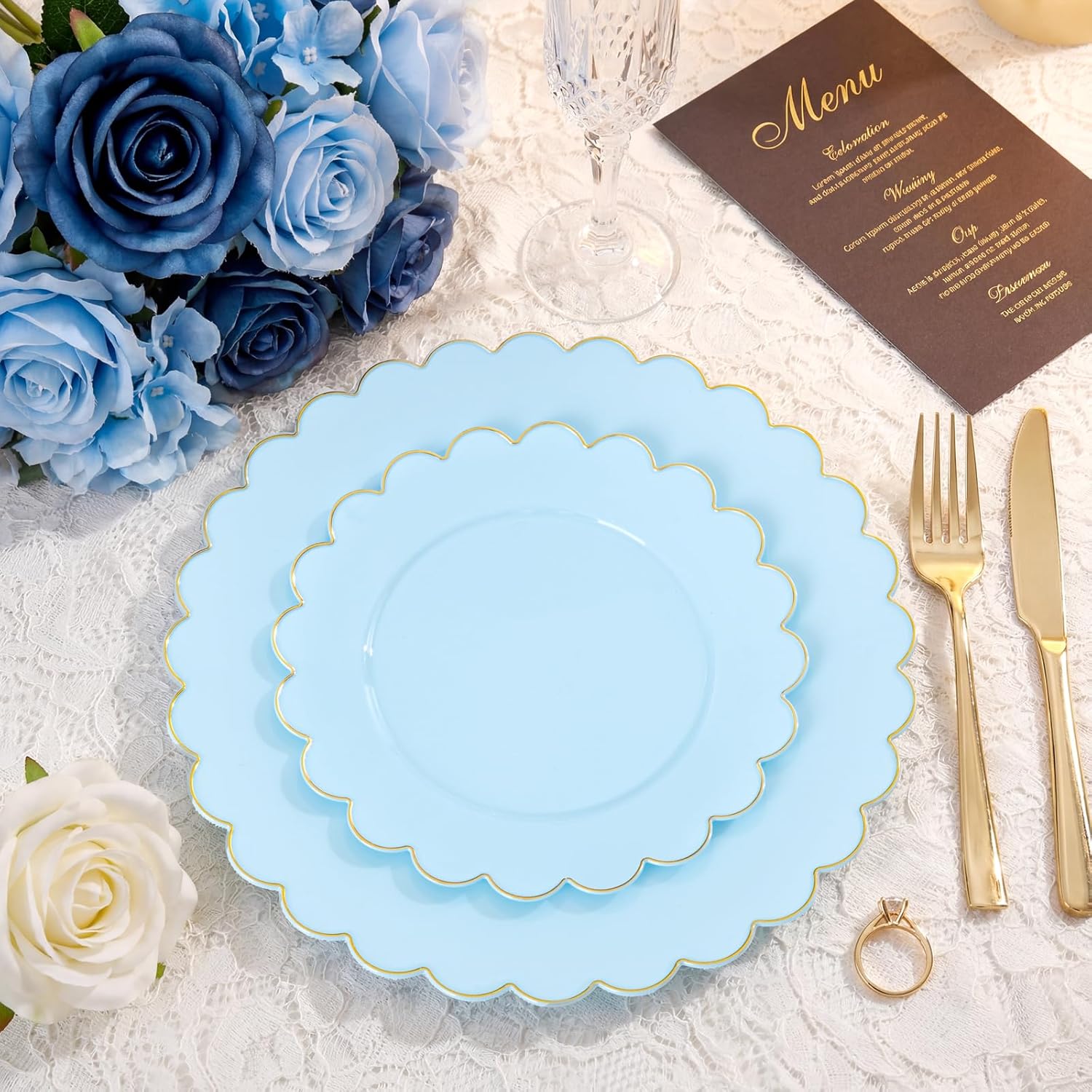 LIYH 120 Pcs Baby Blue Plastic Plates with Gold Edge - Disposable Light Blue Scalloped Baby Shower Plastic Plates Includes 60 Dinner Plate 10.25" & 60 Dessert Plate 7.5" for Party Birthday