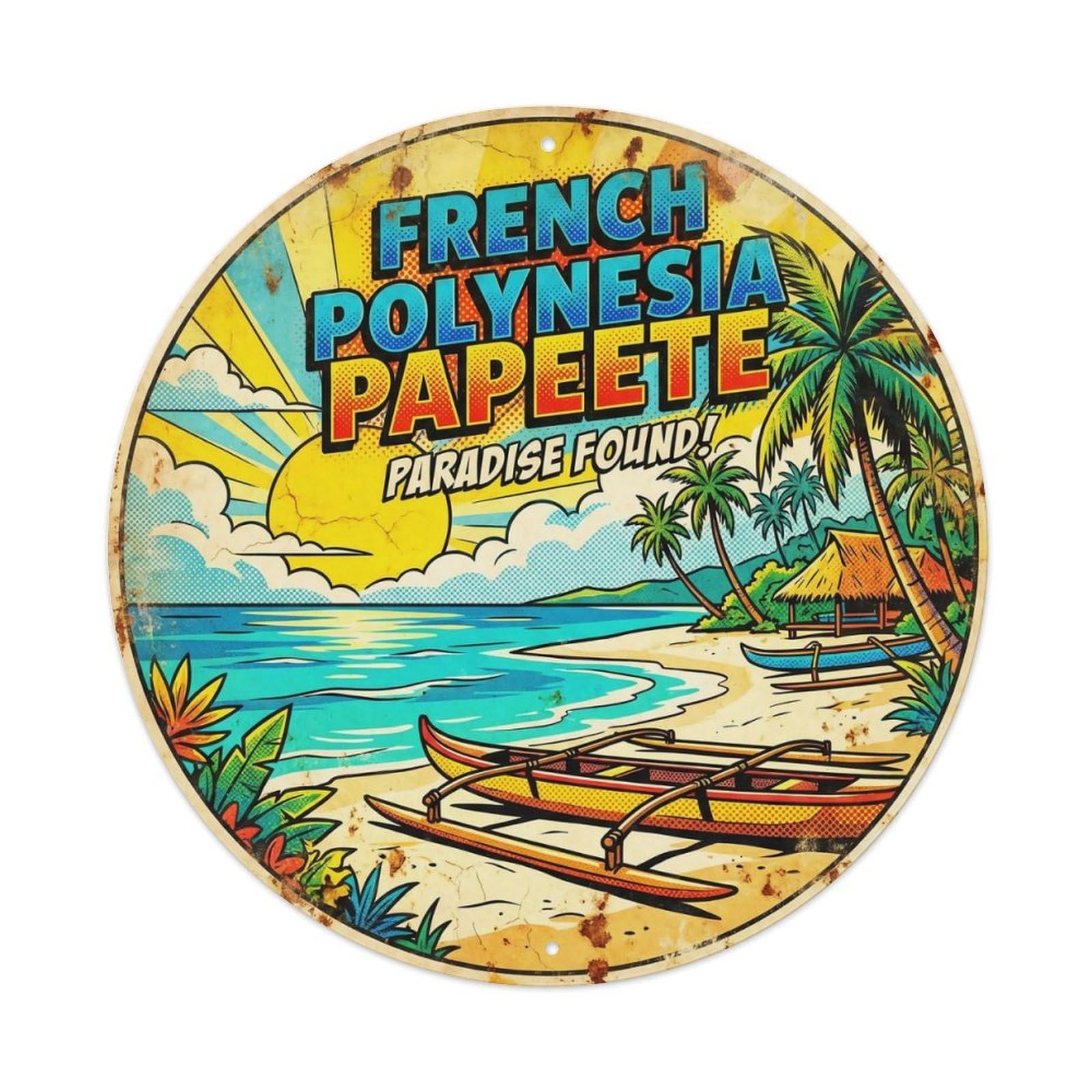 Odgynaw 8X8inch(20X20cm) French Polynesia Papeete Beach Destination Tropical Metal Tin Sign