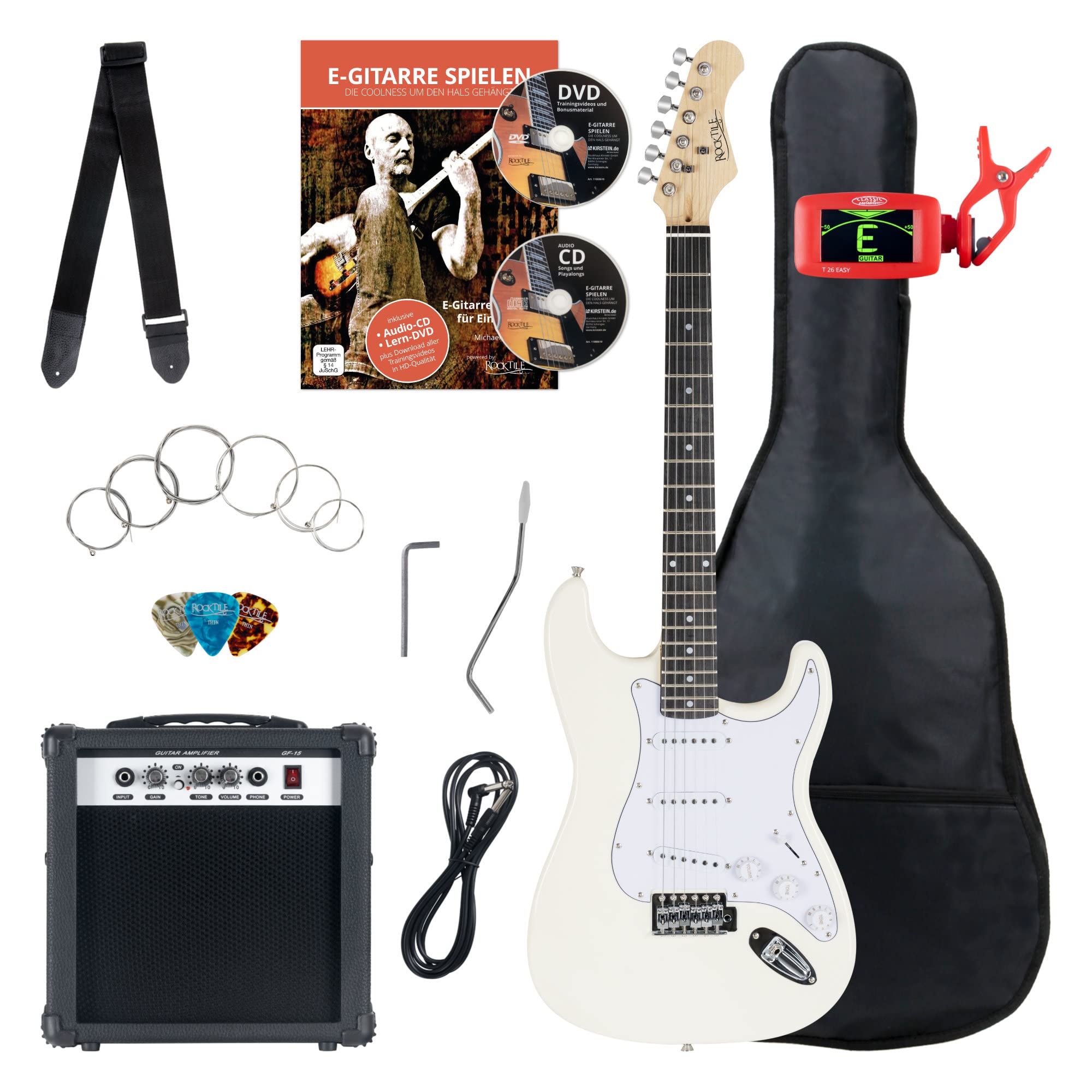 Rocktile Banger's Pack E-Gitarren Set White inkl. Verstärker, Tasche | Rocktile ST-Style E-Gitarre, White Finish, 3 Single-Coil Tonabnehmer, 5-Wege Wahlschalter, 1 Volume-/ 2 Toneregler, Gurt