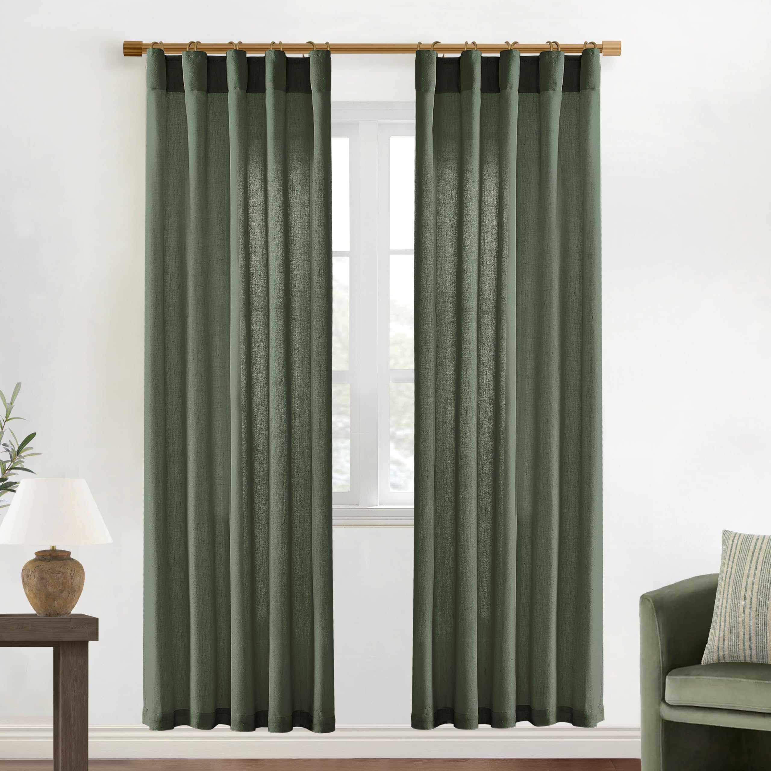 XTMYI Olive Green Boho Closet Curtains 80 Inch Length for Bedroom Closet Door,2 Panels Set Farmhouse Linen Semi Sheer Back Tab Pleated Easy Open Sliding Door Curtains,80 Inches Long