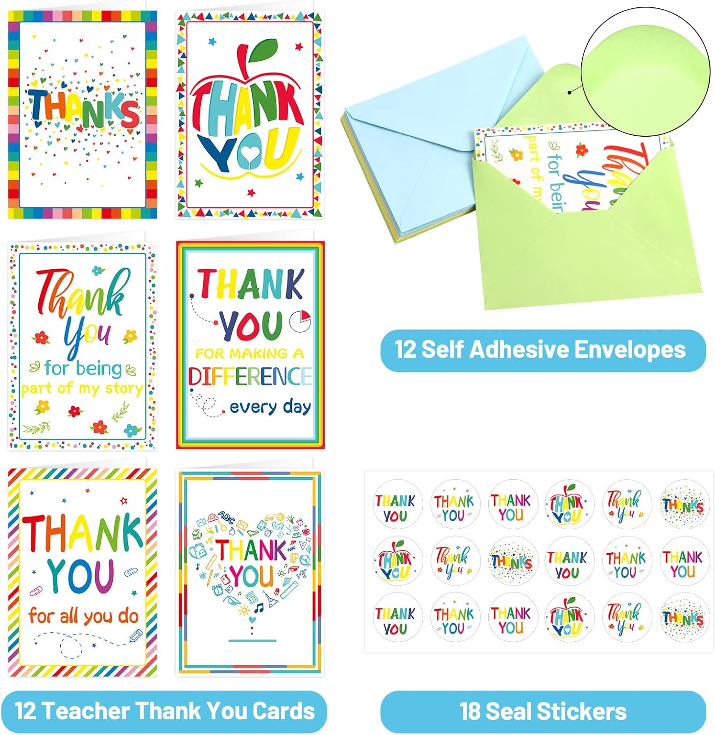 Fancy Land Thank You Teacher Cards Back to School Teacher Appreciation Card with Envelopes for Kids Students Toddlers Appreciation Gifts Supplies 12Pcs - Image 2