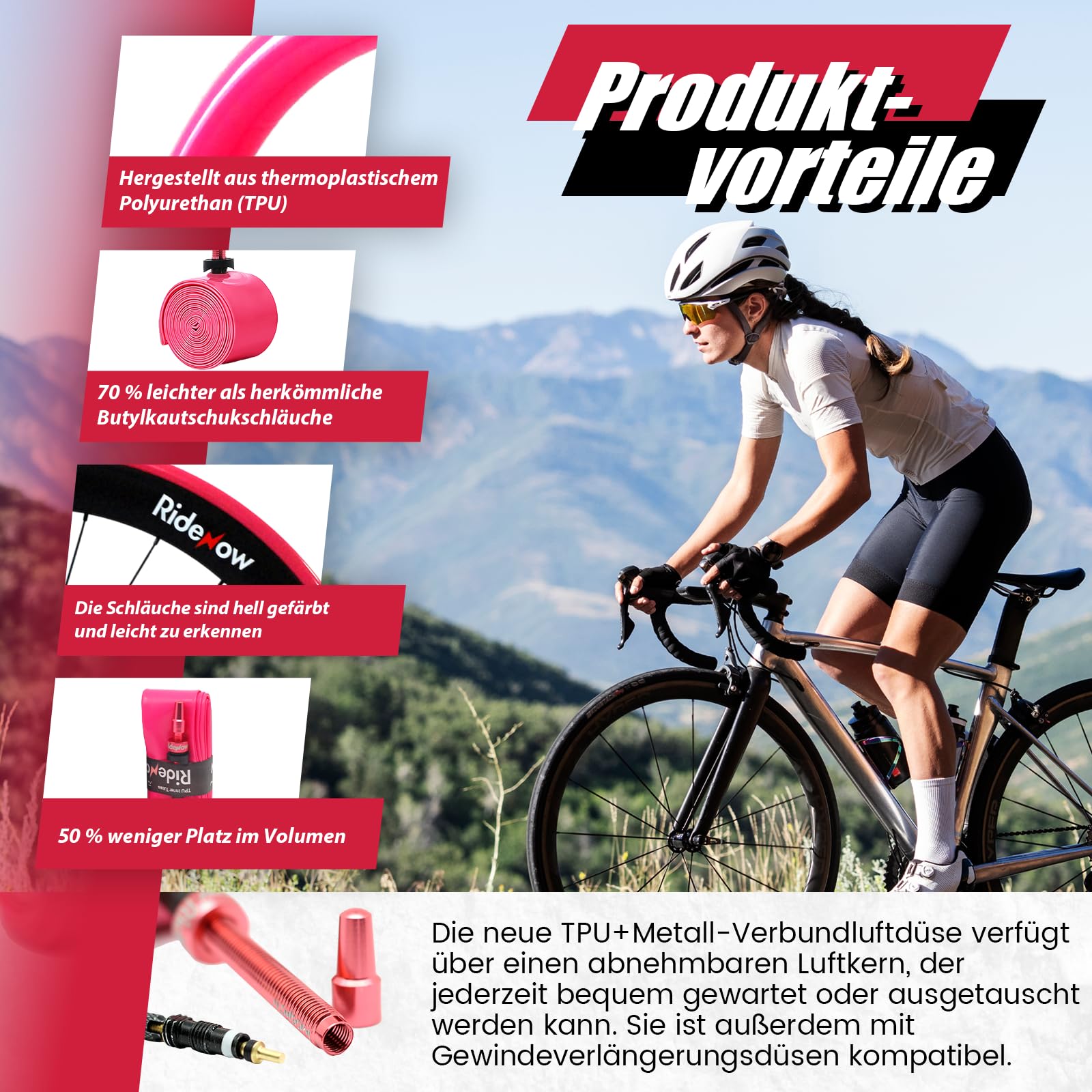 RideNow Tubo flessibile in TPU per bici da corsa/Gravel Bikes 700 x 32 – 47 C, 27 pollici, 28 pollici, tubo flessibile per bicicletta ultraleggero con valvola Presta 45/65 mm
