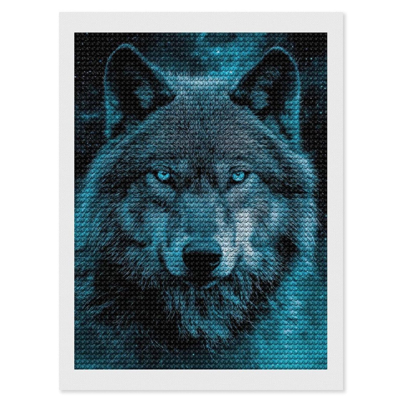 Junmoney Blue Wolf Stare DIY Diamond Art Canvas Kit 12"x16", Complete Accessories, Creative Leisure Activity, Home Wall Decor, Gift Idea