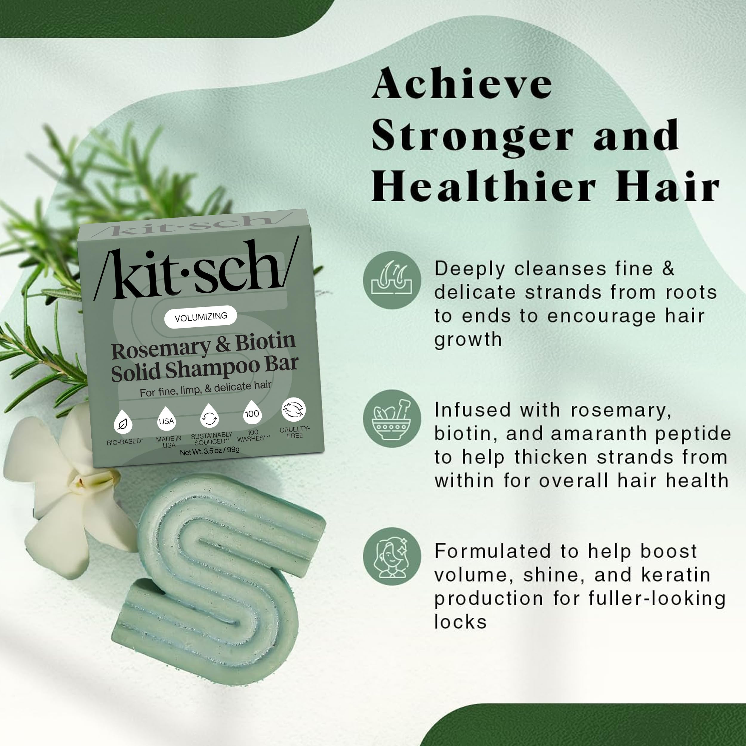 Kitsch Rosemary & Biotin Shampoo Bar - For Hair Growth, Strengthening, Thickening & Volumizing Shampoo for Women and Men - Free of Parabens, Sulfates & Silicones - 3.5 oz - 3