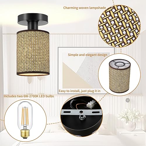 Miniatura 2 de Lámparas bohemias para montaje en techo, candelabro de ratán de granja, pantalla de jaula tejida a mano, luces de techo semiempotradas para