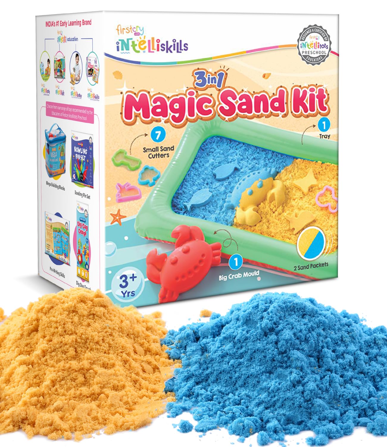 FIRSTCRY INTELLISKILLSIntelliskills Premium 3-In-1 Magic Kinetic Sand Mould Shapes Art & Craft Activity Kit Kids|7 Sand Cutters,2 Sand Packets,1 Crab Mould & 1 Tray|3+ Yrs - Multicolor