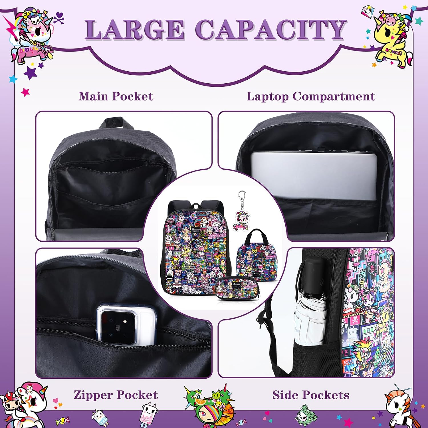 Tokidoki Backpack Set with Lunch Bag Pencil Case Unicorno Keychain Travel Laptop Bag Casual Daypacks for Women (Backpack Set-Purple)