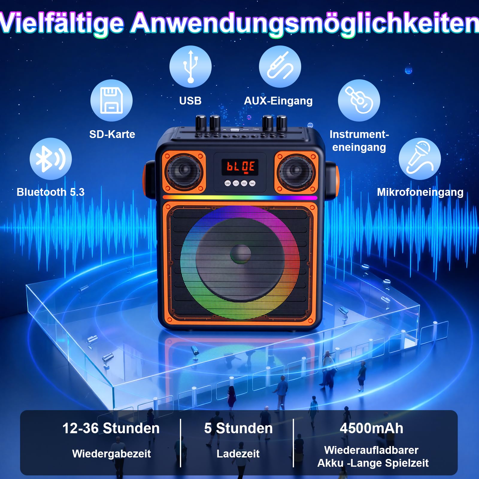 Karaoke Maschine mit 2 Mikrofone, GuKKK Tragbaren Bluetooth Lautsprecher Box und DJ-Lichtern für Erwachsene und Kinder, Karaoke Anlage Unterstützt TF/USB, FM, AUX in, TWS für Party, Geburtstag, Reisen